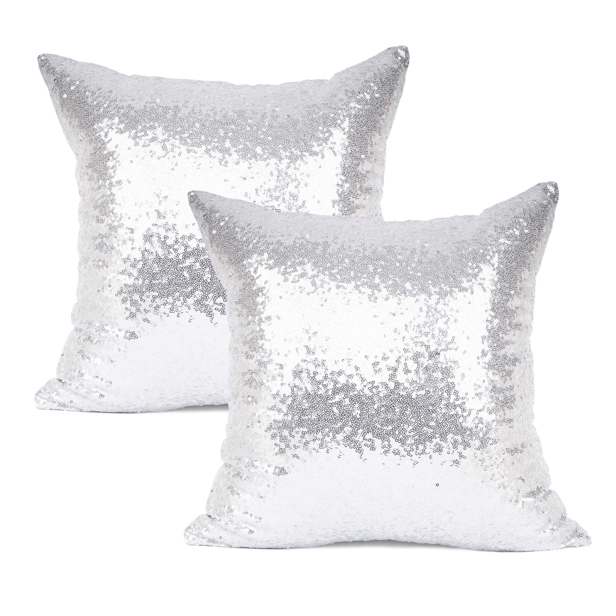 Your Smile Pack Of 2, New Luxury Series Silver Decorative Glitzy Sequin & Comfy Satin Solid Throw Pillow Cover Cushion Case For