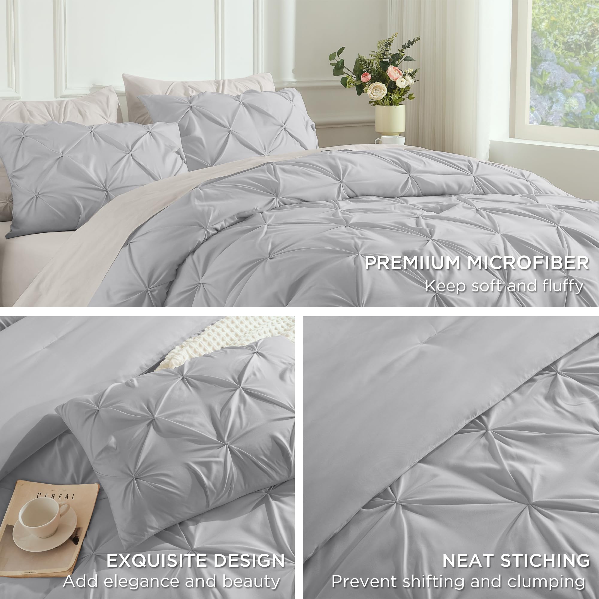 Andency California King Comforter Set Silver Gray (104X96Inch), Western Modern Pinch Pleat Bedding Set 3 Pieces, Oversized Pintuck All Season Soft Down Alternative Bed Set For Men Adults
