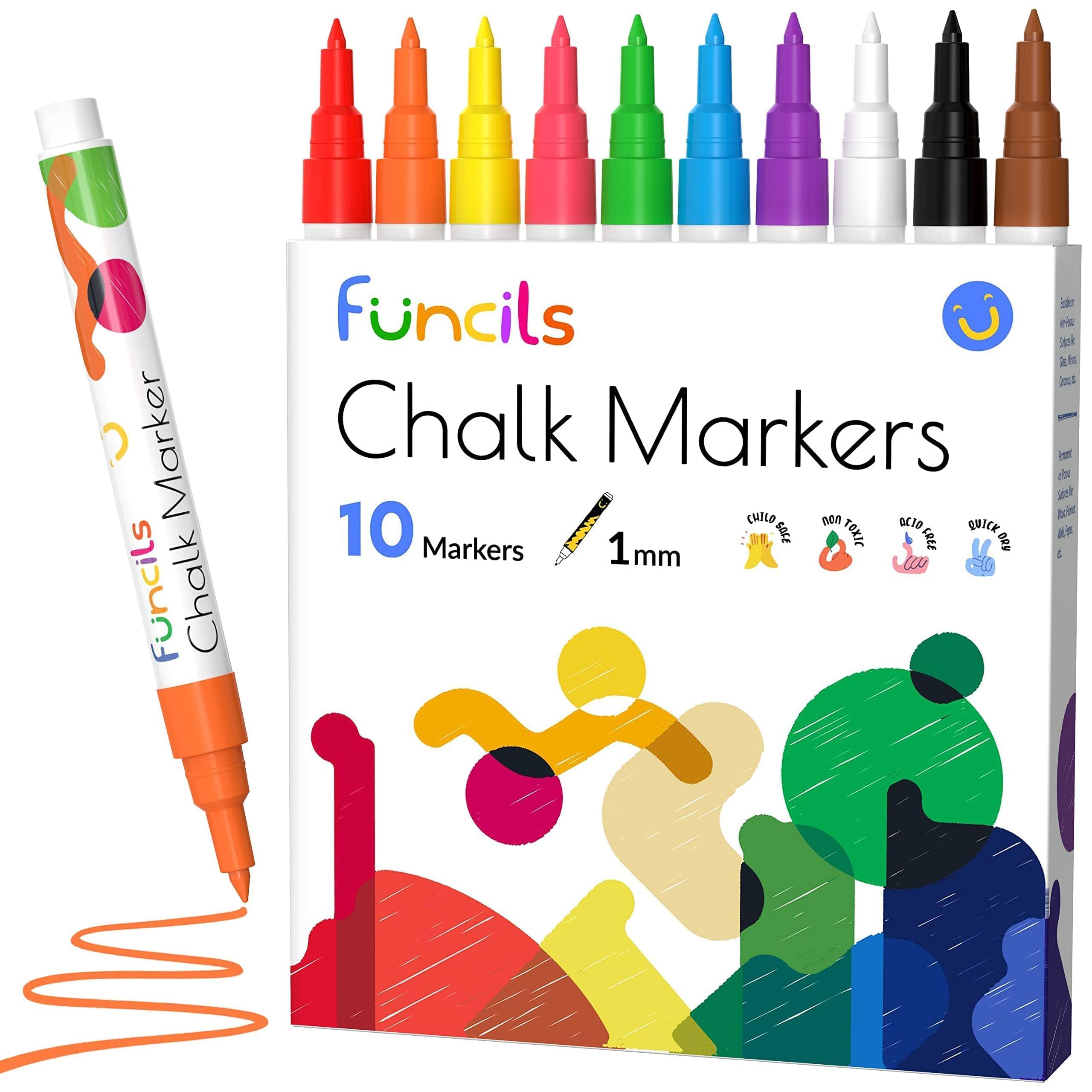Funcils 10 Extra Fine Tip Chalk Markers For Chalkboard Signs, Blackboard, Window, Labels, Bistro, Glass, Car (10 Pack, 1Mm) - We