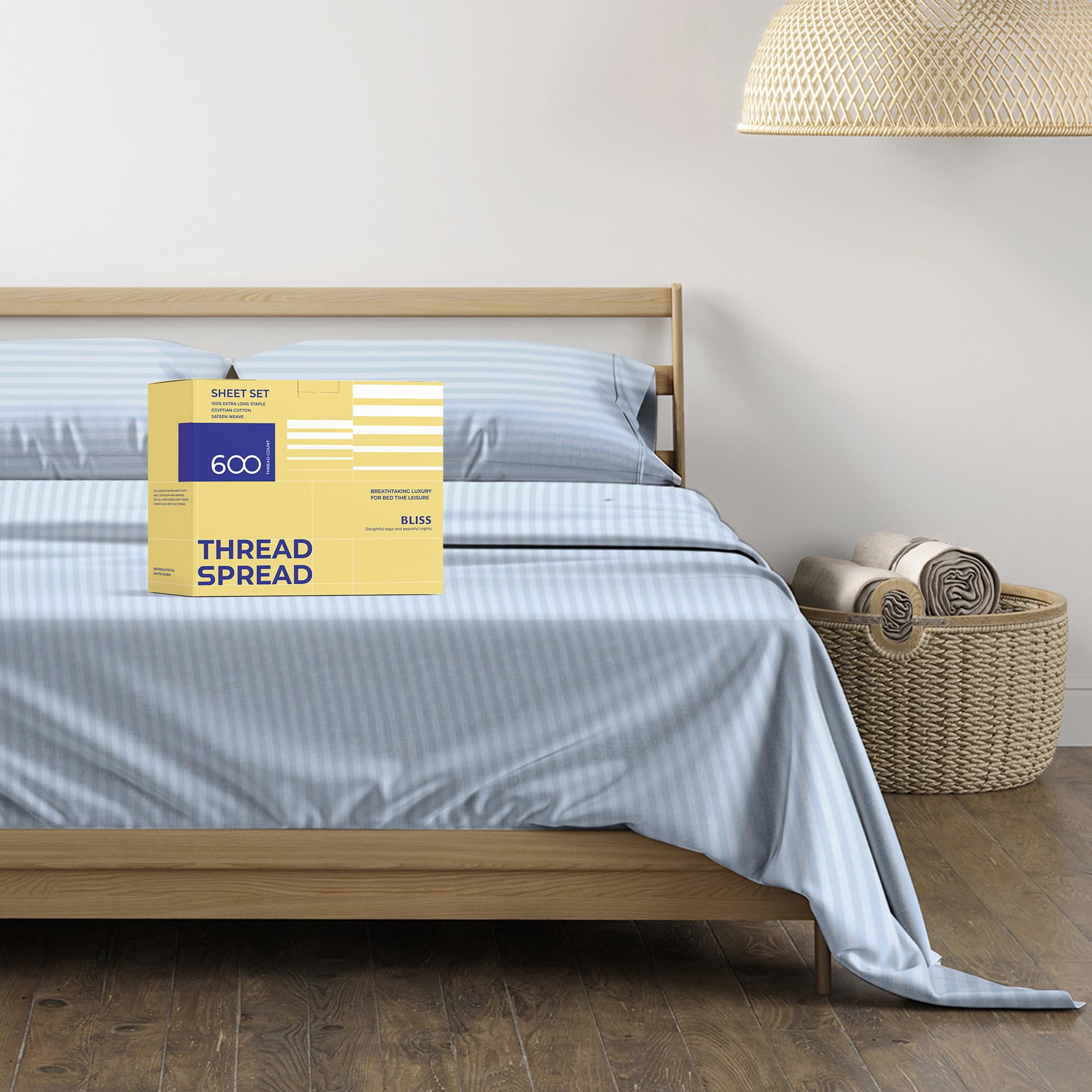 Thread Spread Luxury Egyptian Cotton Queen Stripe Sheet Set, 600 Thread Count Extra Long Staple 4 Pc Set, Queen Damask Sheets, Soft, Cooling Sateen Weave Sheets Upto 18' Deep Pocket - Light Blue
