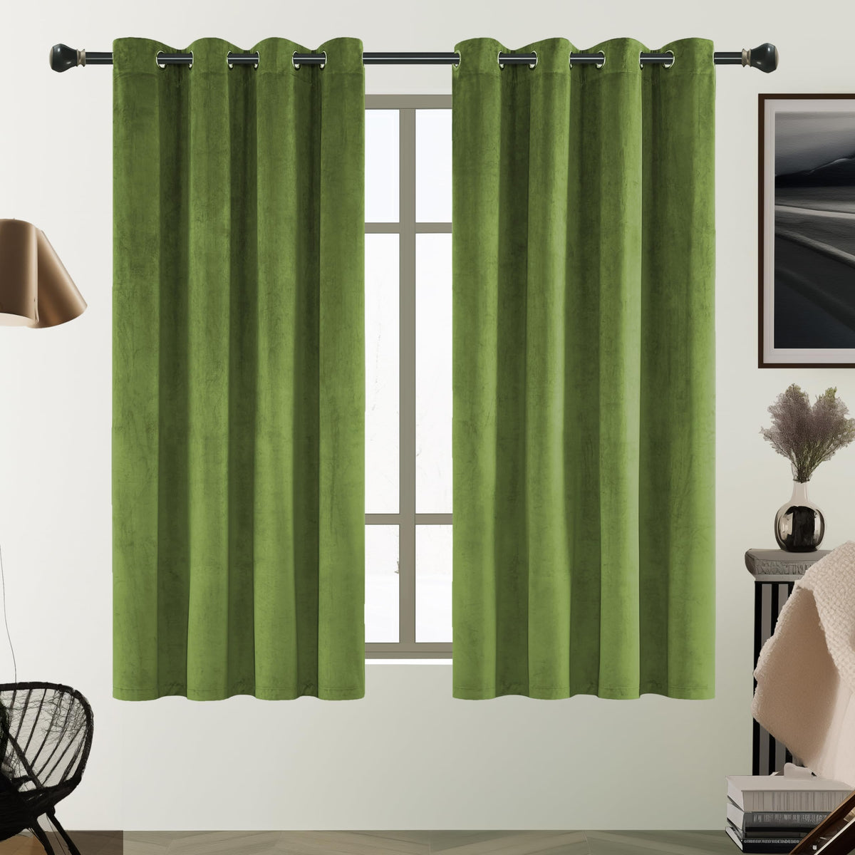 Smiletime Green 63 In Long Velvet Curtains With Grommet, Thermal Insulated Super Soft Privacy Noise Reducing Light Blocking Velv