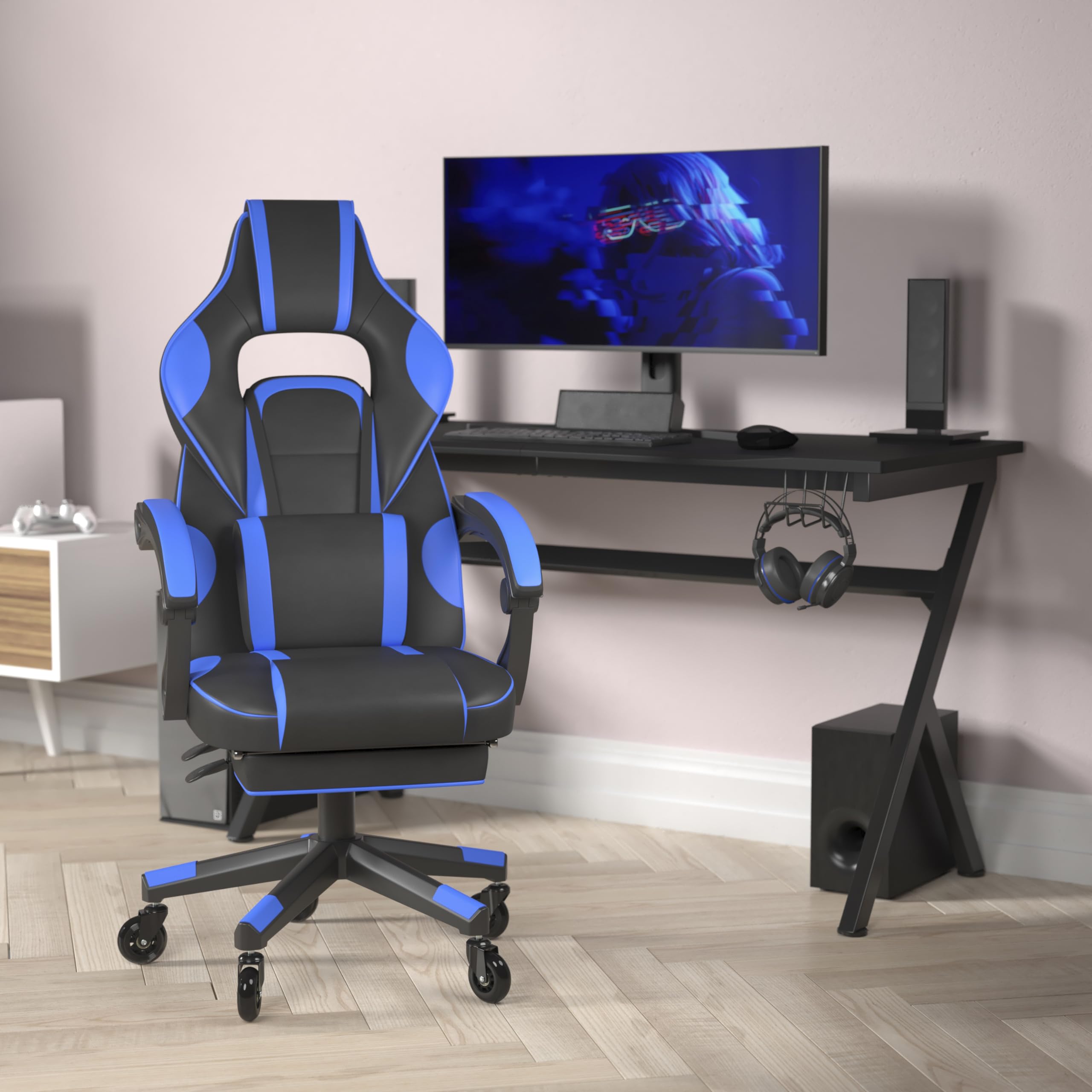 Flash Furniture X40 Gaming Chair Racing Computer Chair With Fully Reclining Back/Arms And Transparent Roller Wheels, Slide-Out Footrest, - Black/Blue