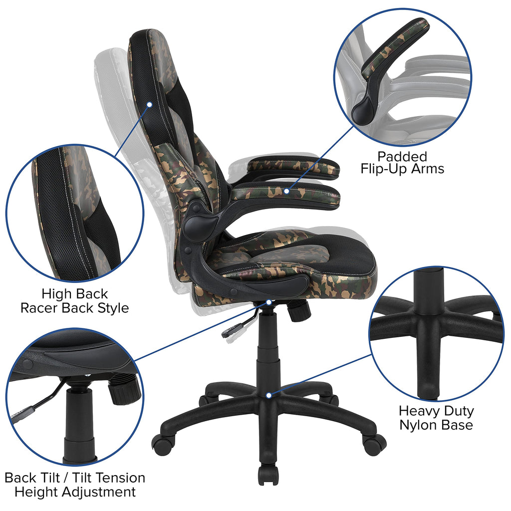 Flash Furniture Optis Black Gaming Desk And Camouflage/Black Racing Chair Set With Cup Holder, Headphone Hook & 2 Wire Management Holes