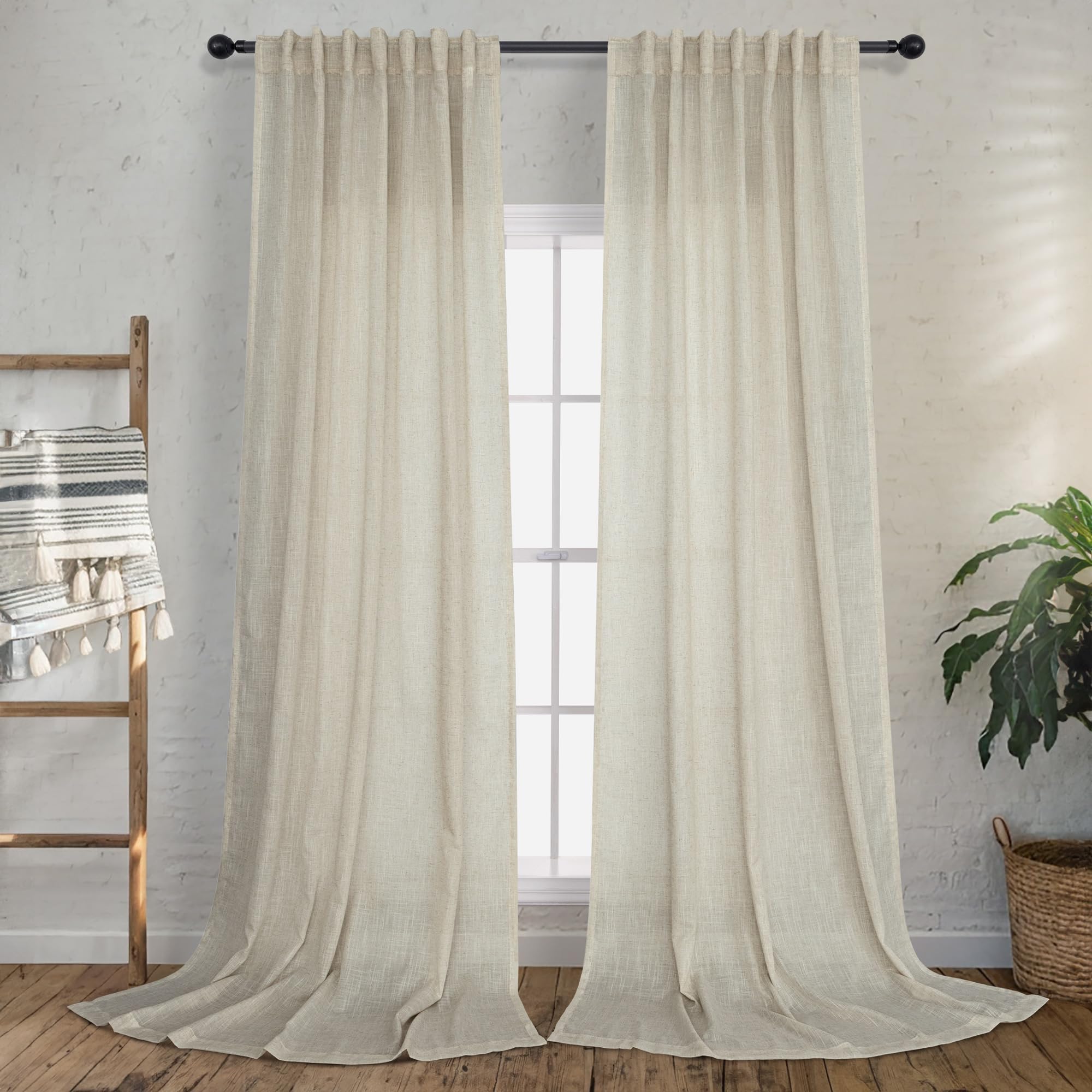 Flax Linen Curtain 100 Inches Long 2 Panels Set Back Tab Pleated Rod Pocket Beige Drapes For Living Room Neutral Farmhouse Light