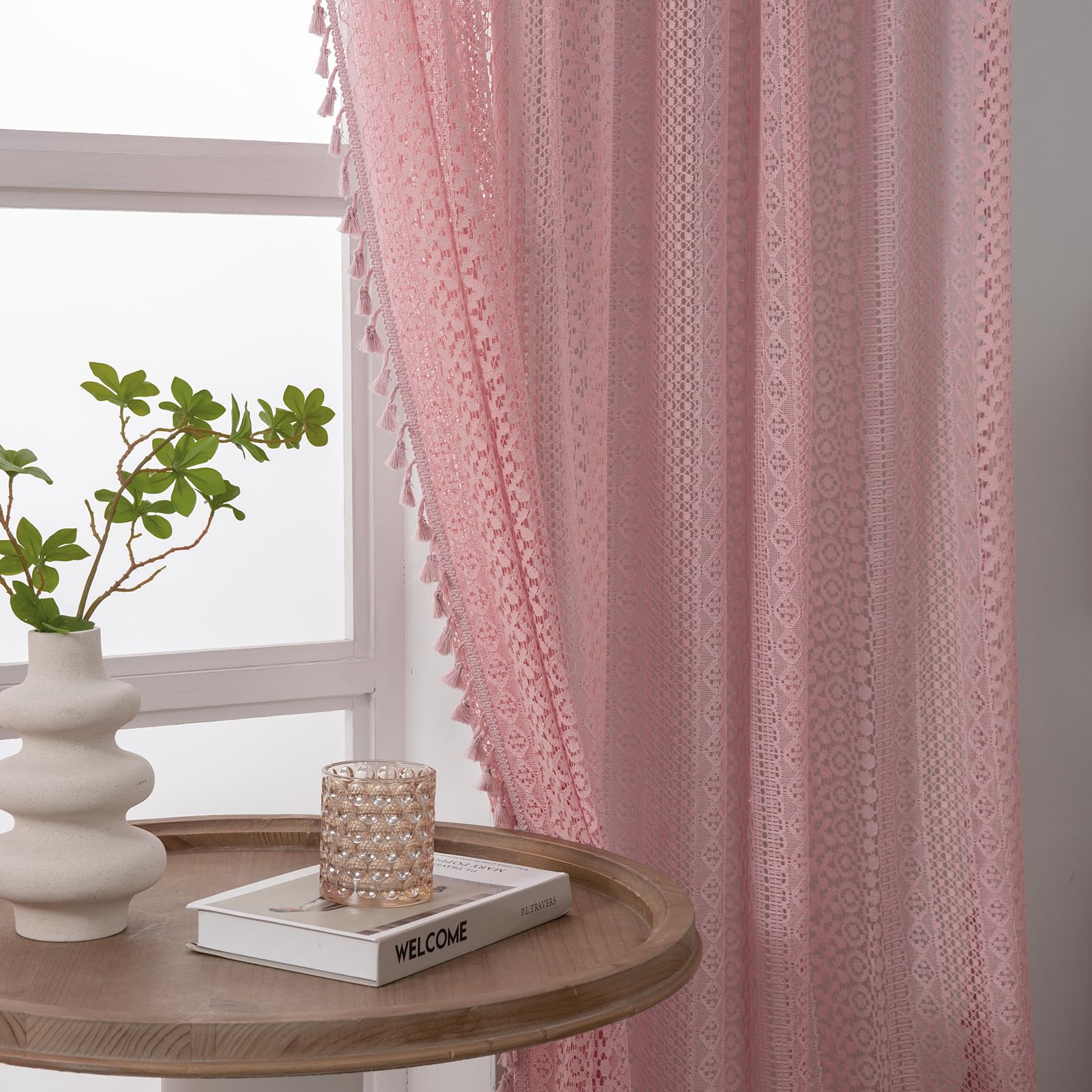 Wazzio Light Pink Curtains 2 Panels 84 Inches Long Cotton Crochet Lace Sheer Curtain Cute Soft Baby Pink Curtains For Girls Room