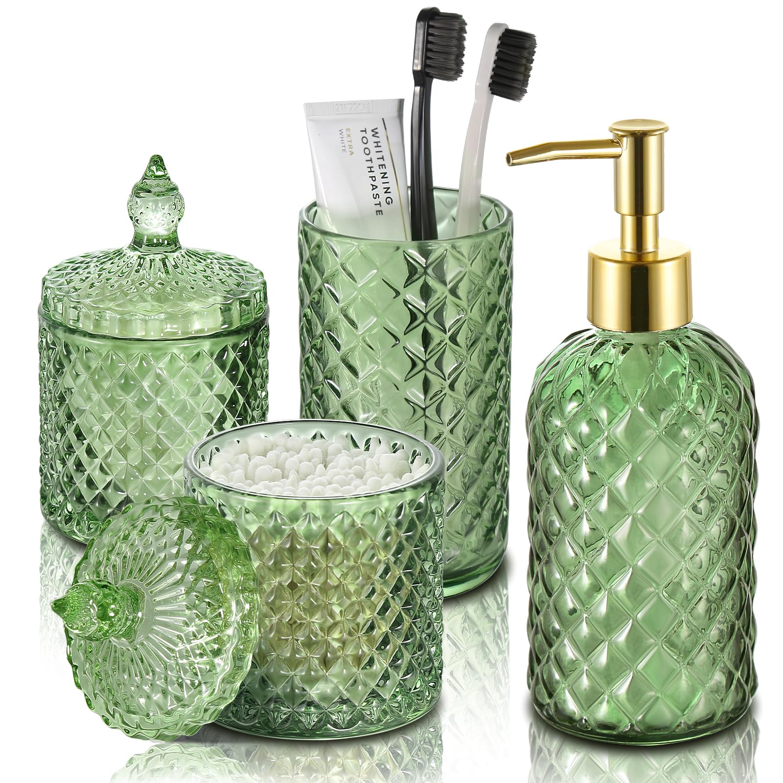 RYTOXILO Green Bathroom Accessories Set, 4 Pack Olive Green Bathroom Decor Accessory Sets Complete, Diamond Glass Soap Dispenser
