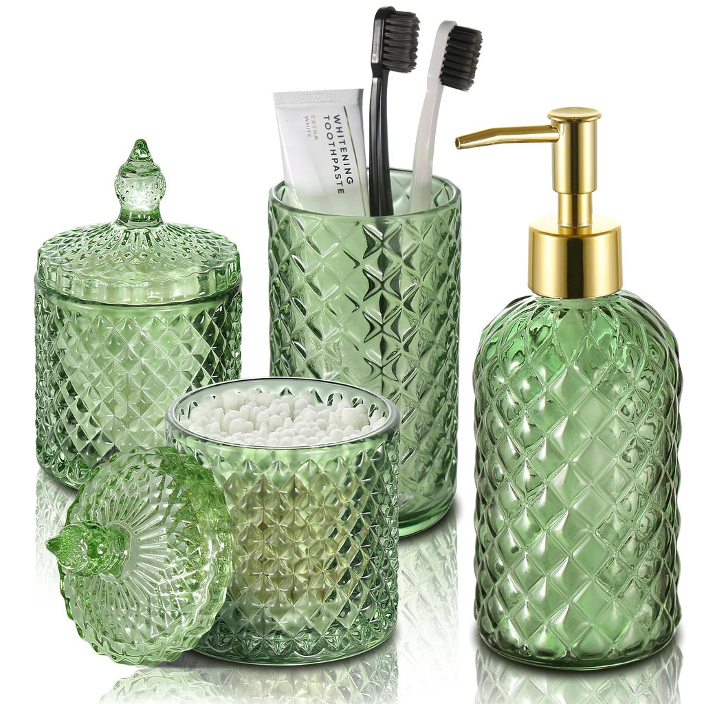 RYTOXILO Green Bathroom Accessories Set, 4 Pack Olive Green Bathroom Decor Accessory Sets Complete, Diamond Glass Soap Dispenser