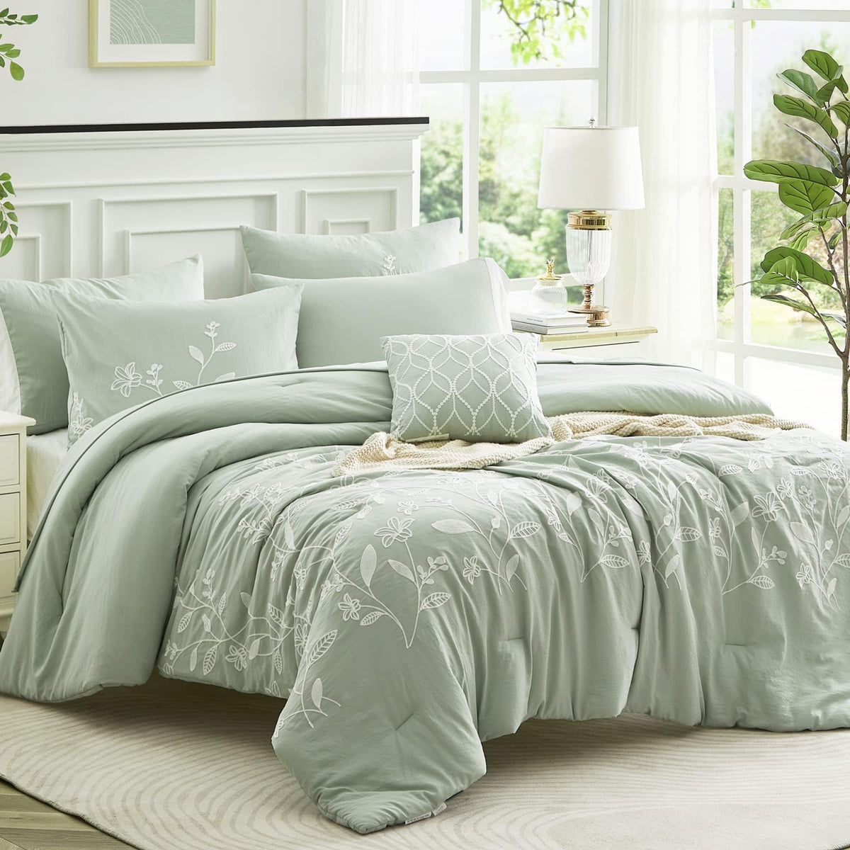 Mairve Green King Size Comforter Set With Sheets 7 Piece, Embroidery Floral Farmhouse King Size Bedding Set, All Season Bedding