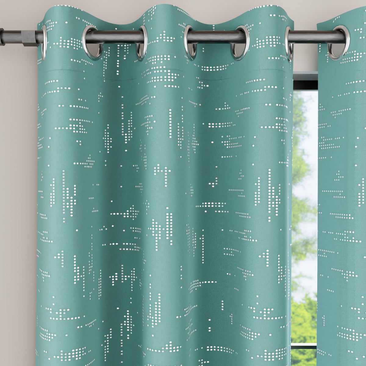 Encasa XO Printed Blackout Curtains, Room Darkening Window Drapes Teal