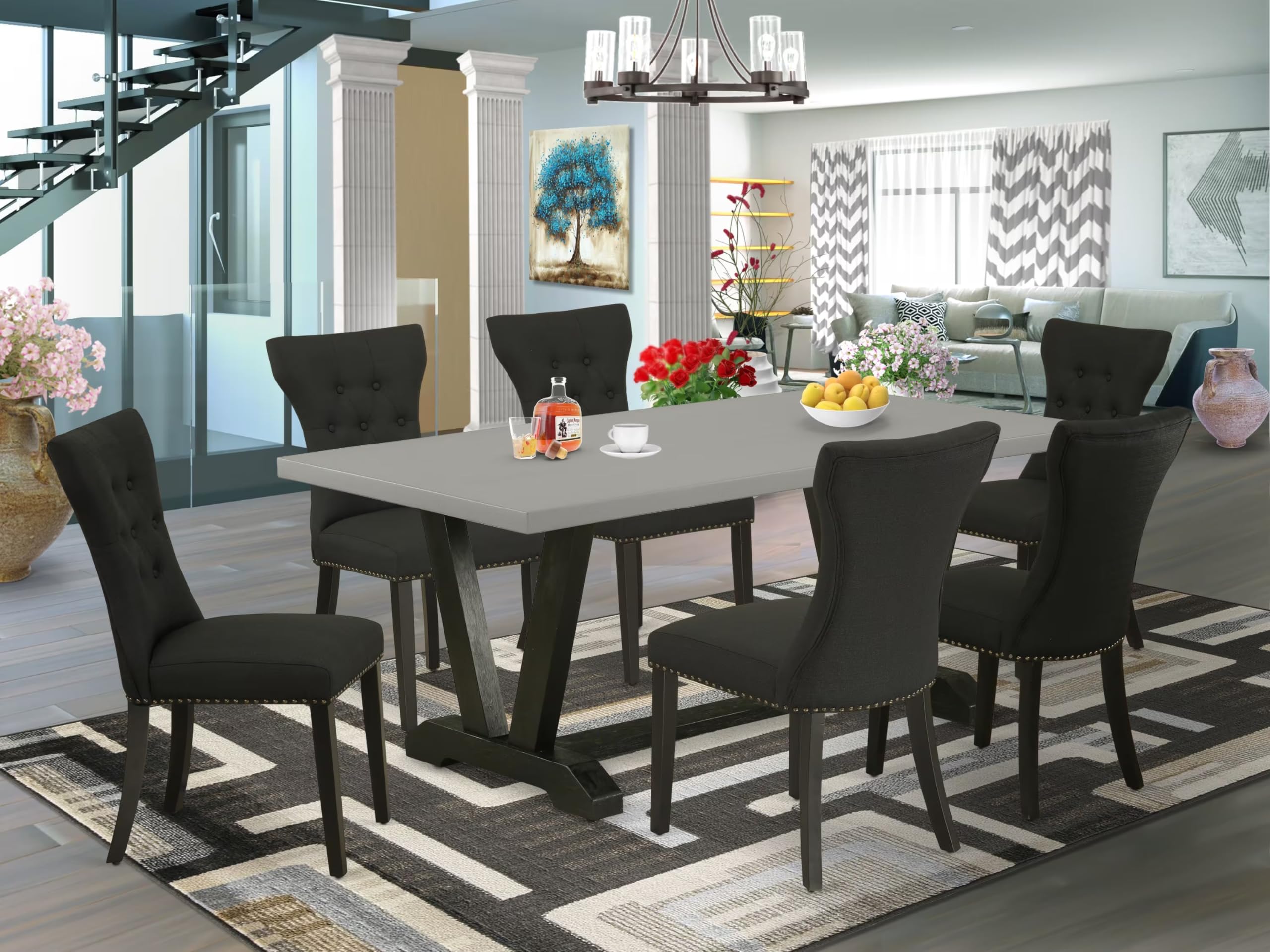 East West Furniture V697Ga124-7 7 Piece Dining Table Set Consist Of A Rectangle Dining Room Table With V-Legs And 6 Black Linen Fabric Parsons Chairs, 40X72 Inch, Multi-Color