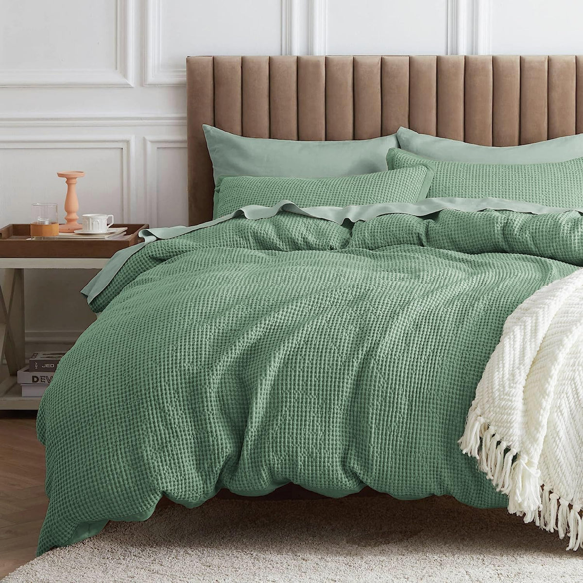 Bedsure Waffle Comforter Set King, Green Soft Cotton Bedding Set For All Seasons, Waffle Weave Bed Set, 3 Pieces, 1 Comforter (104'X90') And 2 Pillow Shams, Premium Cotton Cover With Polyester Fill