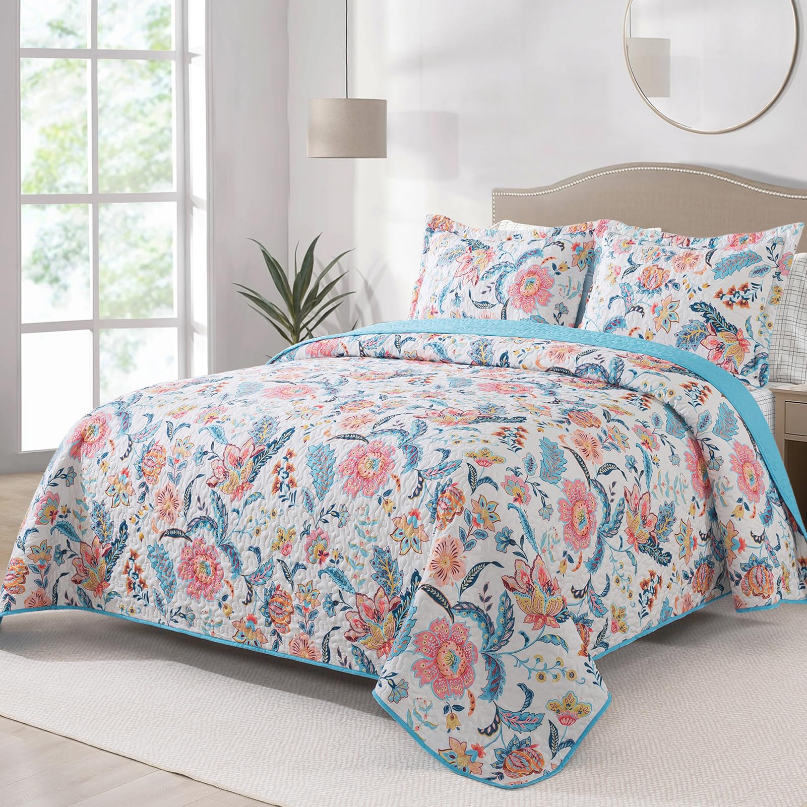Bedifany Garden Queen Size Quilt Set - Lightweight Bedspreads Queen Size (90 X 98 Inch) With Colorful Floral Pattern - Farmhouse