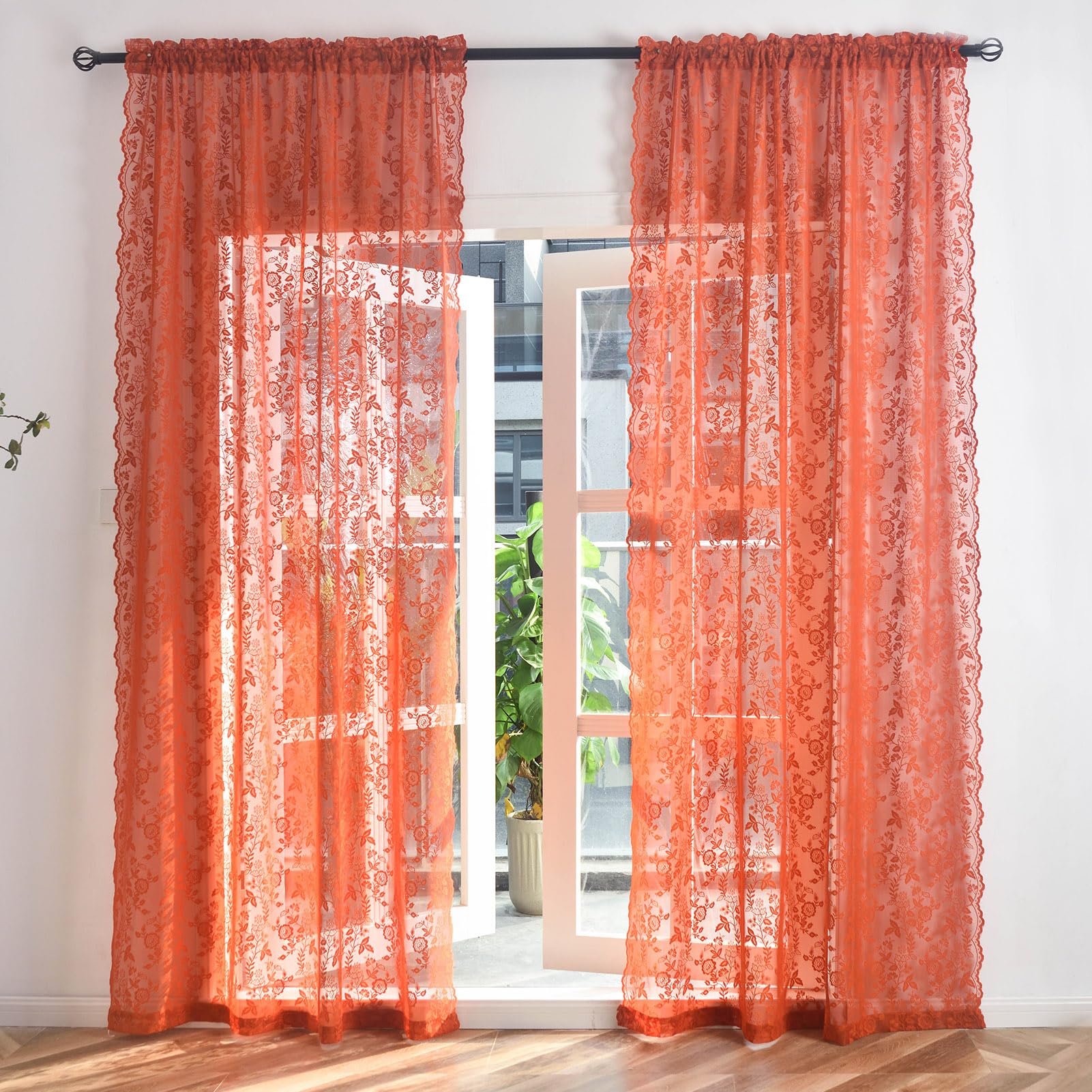 Finecity Burnt Orange Sheer Curtains 84 Inches Long 2 Panels Set, Country Rustic Leaf Floral Rust Fall Sheer Curtains For Living