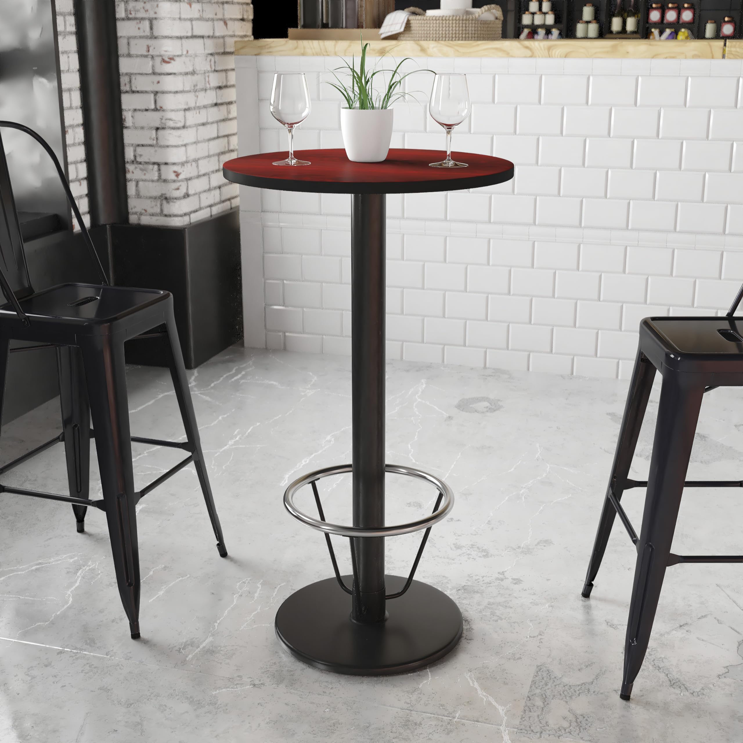 Flash Furniture Stiles 24'' Round Mahogany Laminate Table Top With 18'' Round Bar Height Table Base And Foot Ring