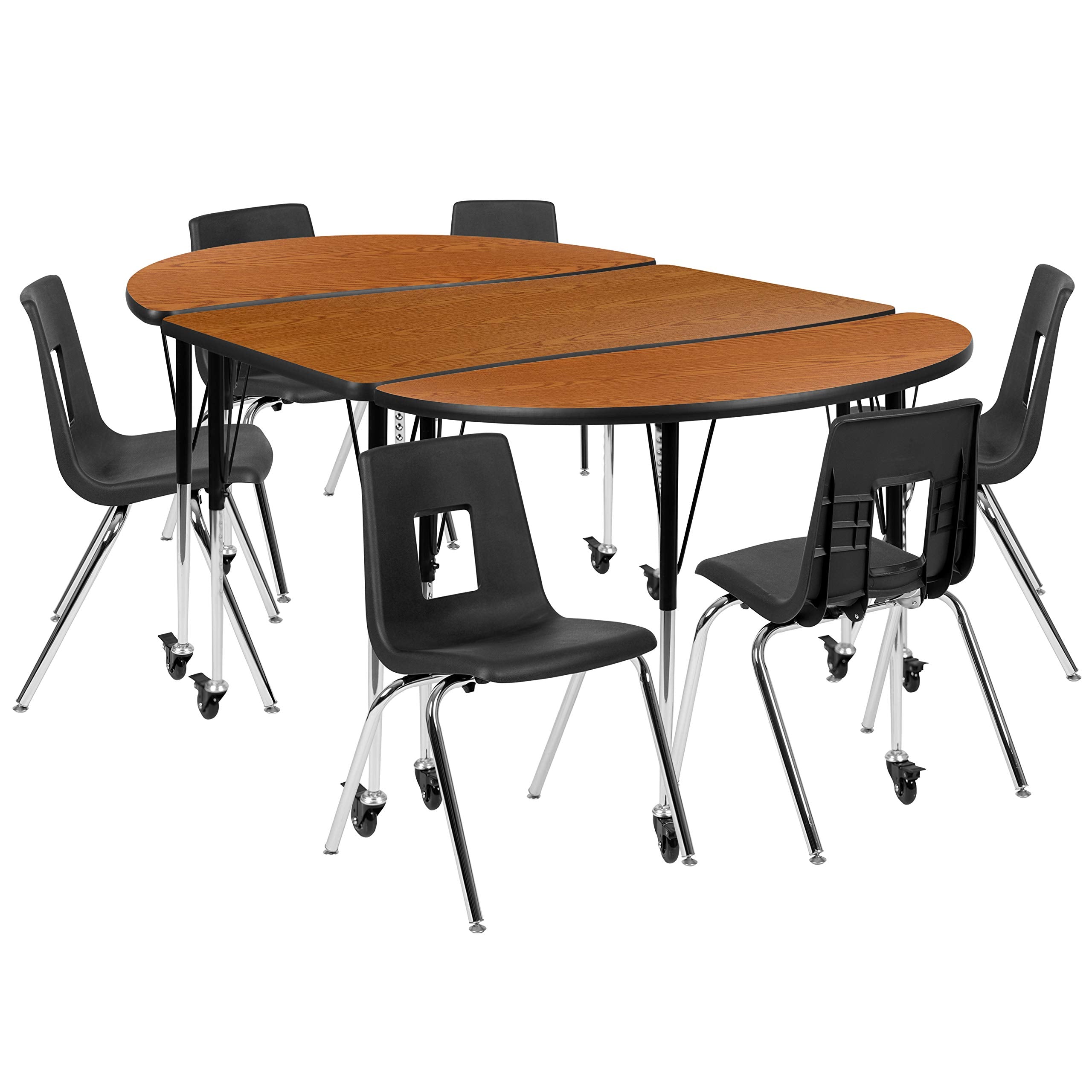 Flash Furniture Mobile 76' Oval Wave Collaborative Laminate Activity Table Set With 18' Student Stack Chairs, Oak/Black