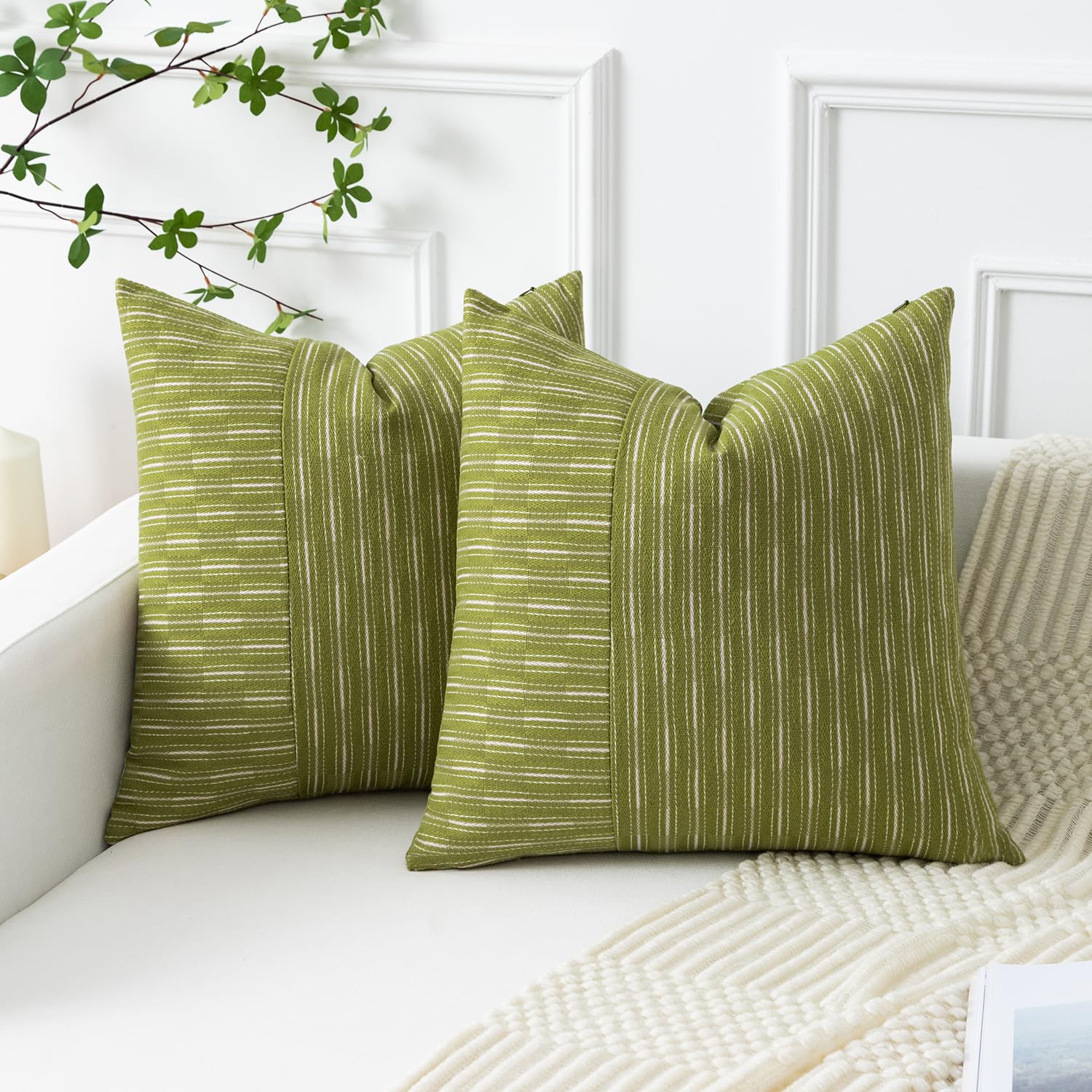 Kevin Textile Light Green And Beige Farmhouse Striped Patchwork Linen Spring Decorative Throw Pillows Covers 18X18, Set Of 2, Modern Accent Square Cushion Covers For Couch Chair Bedroom Decorations