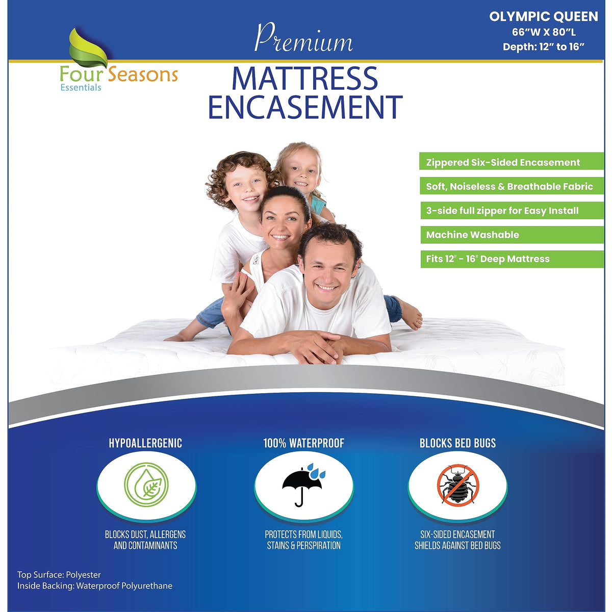 Zippered Olympic Queen Mattress Protector (66'X80') - Super Queen Size Bedbug Waterproof Mattress Cover, Premium Quality Hypoa