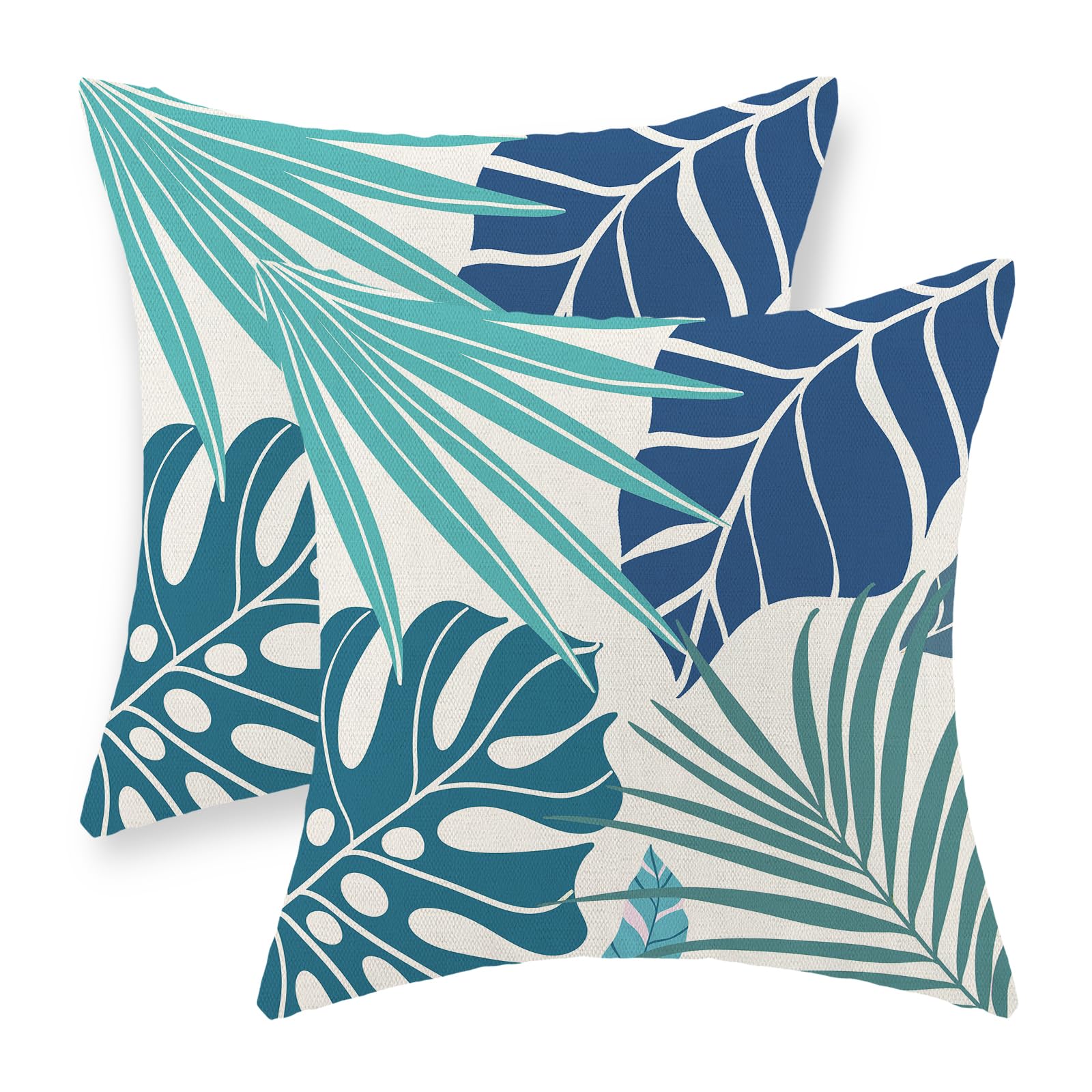 Tropical Pillow Covers 18X18 Set Of 2 Navy Blue Aqua Teal Monstera Palm Leaf Pillowcase Summer Decorations Tropical Outdoor Thro