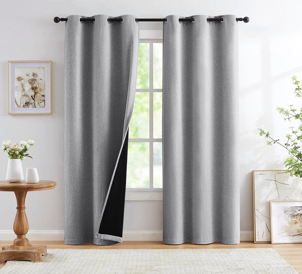 Grey Full Blackout Window Curtain Panels 63 inches Long Burlap Linen Textured, Short Thermal Insulated Burlap Linen Bedroom Drap