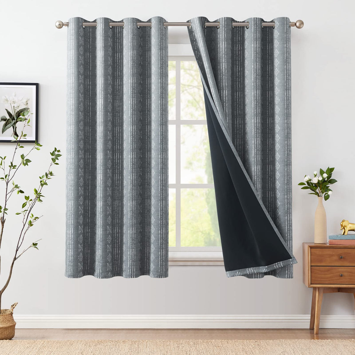 Jinchan 100% Blackout Boho Curtains 63 Inch Length For Bedroom White On Grey Geometric Printed Grommet Top Room Darkening Therma