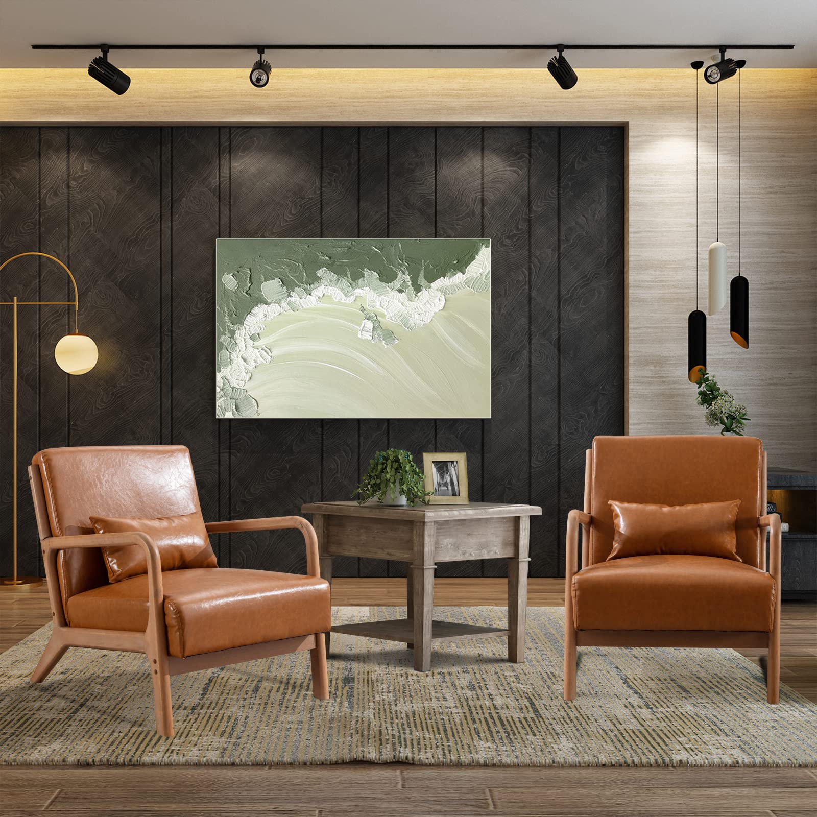 INZOY Mid-Century Modern Accent Chair Set of 2, PU Leather Reading Armchair with Waist Cushion, Upholstered Living Room Chairs f