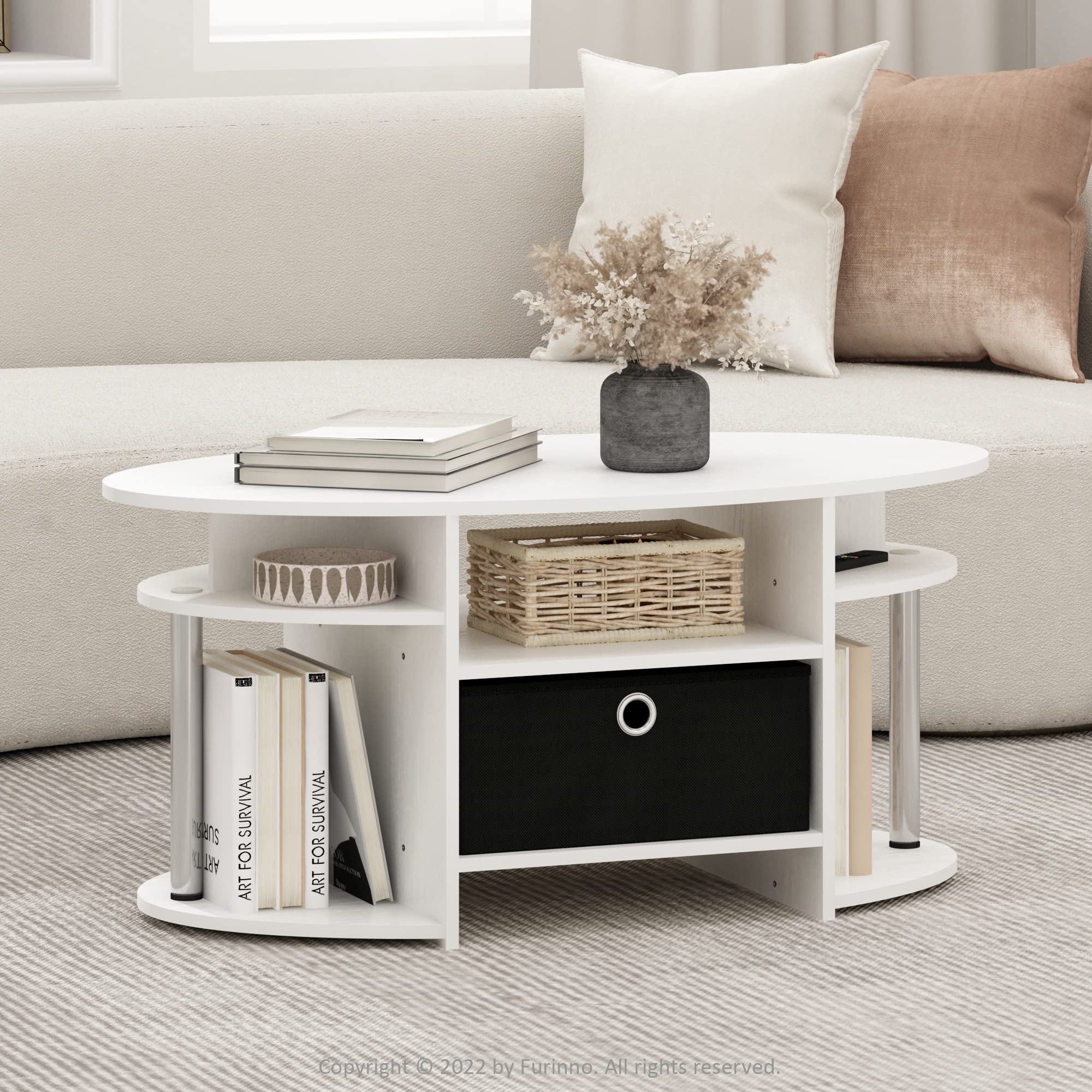 Furinno Jaya Simple Design Oval Coffee Table With Bin For Living Room, White Oak/Chrome/Black