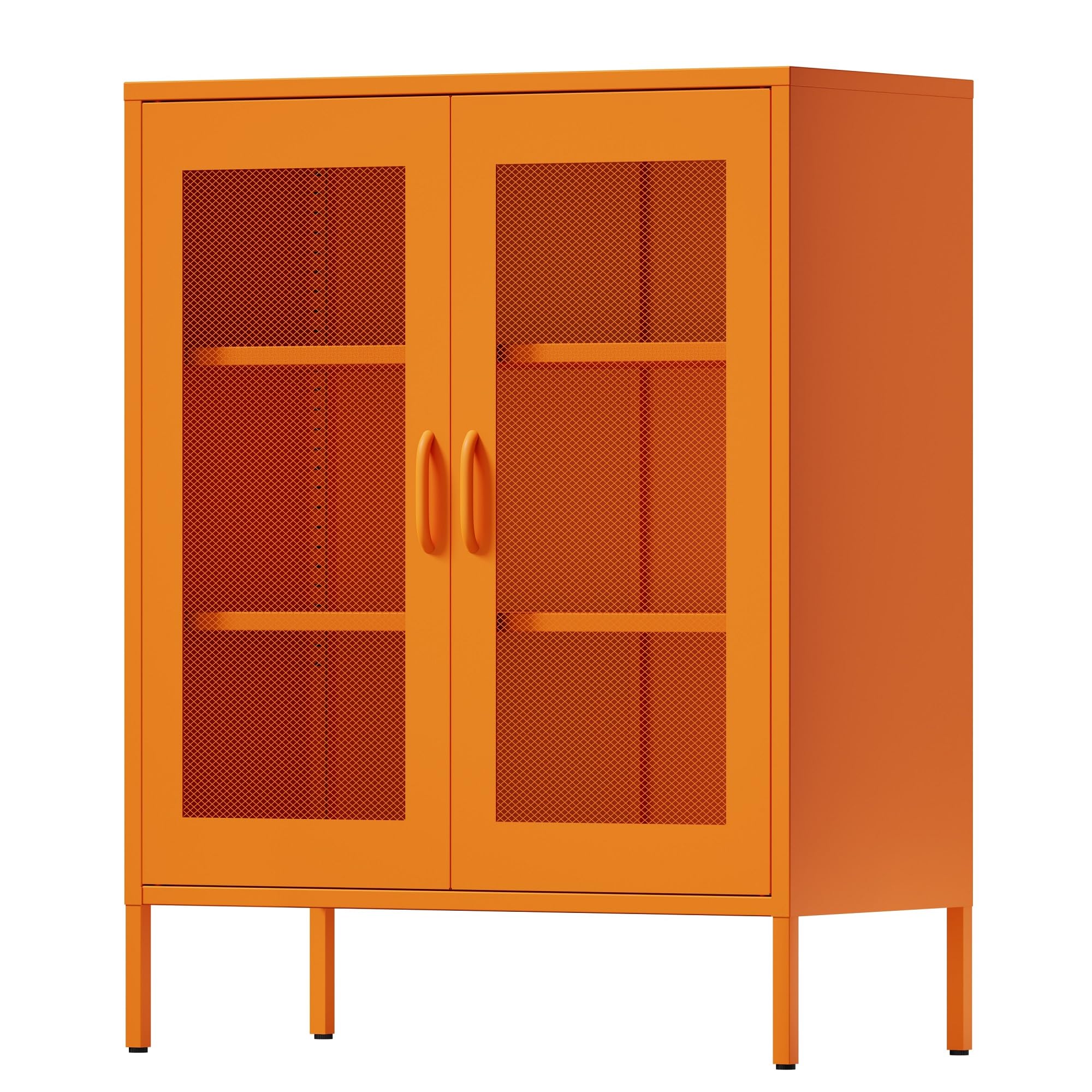 Ustamio Orange Metal Storage Cabinet with Mesh Doors, Office Metal Locker Cabinet, Metal Display Cabinet with 2 Adjustable Shelv