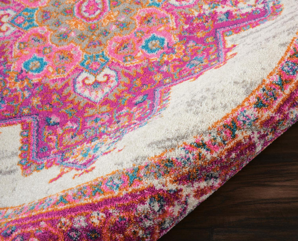 Nourison Passion Ivory/Fuchsia 8' X Round Area-Rug, Boho, Traditional, Easy-Cleaning, Non Shedding, Bed Room, Living Room, Hallw