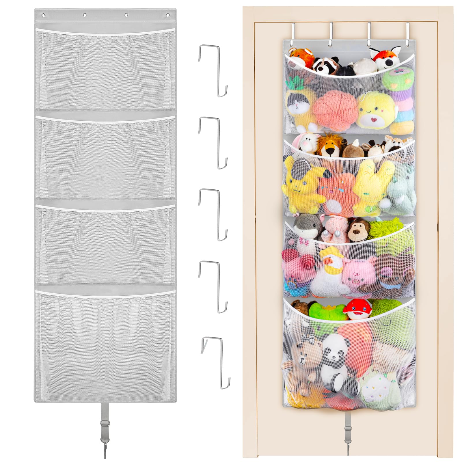 Woodoulogy Hanging Stuffed Animal Storage, Over Door Large Plush Toy Organizer with Metal Hook, Baby Accessory Holder Idea for N