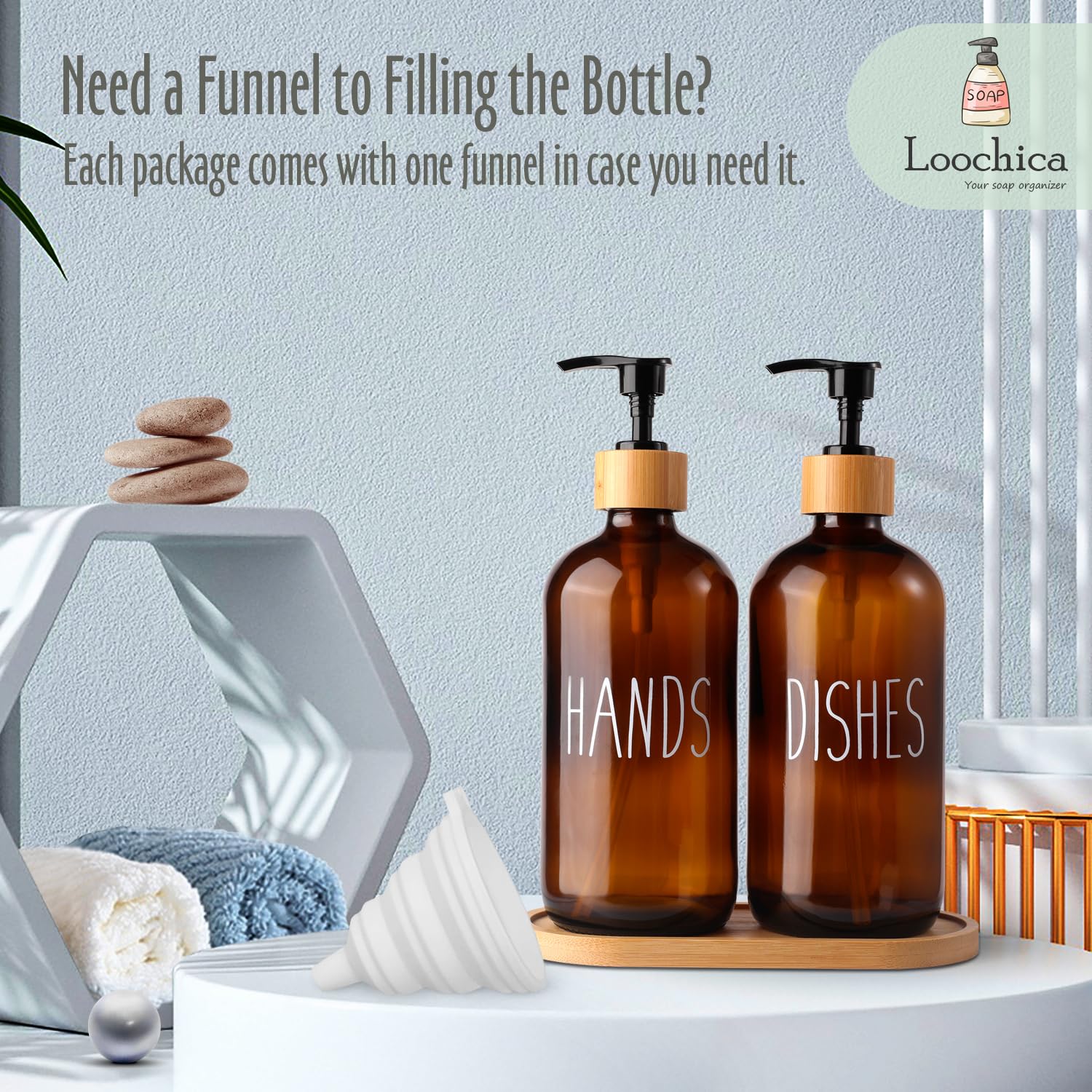 Loochica Amber Glass Soap Dispenser Set With Tray, Amber Dish And Hand Soap Dispenser Set, Refillable Reusable Apothecary Soap P