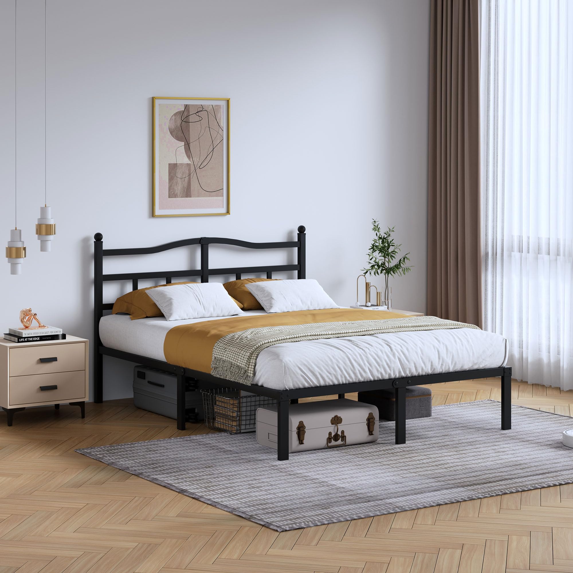 SHOANED 14 Inch Metal Bed Frame - Full Size Heavy Duty Bedframe with Headboard Black Basic Steel Slats Platform No Box Spring Ne