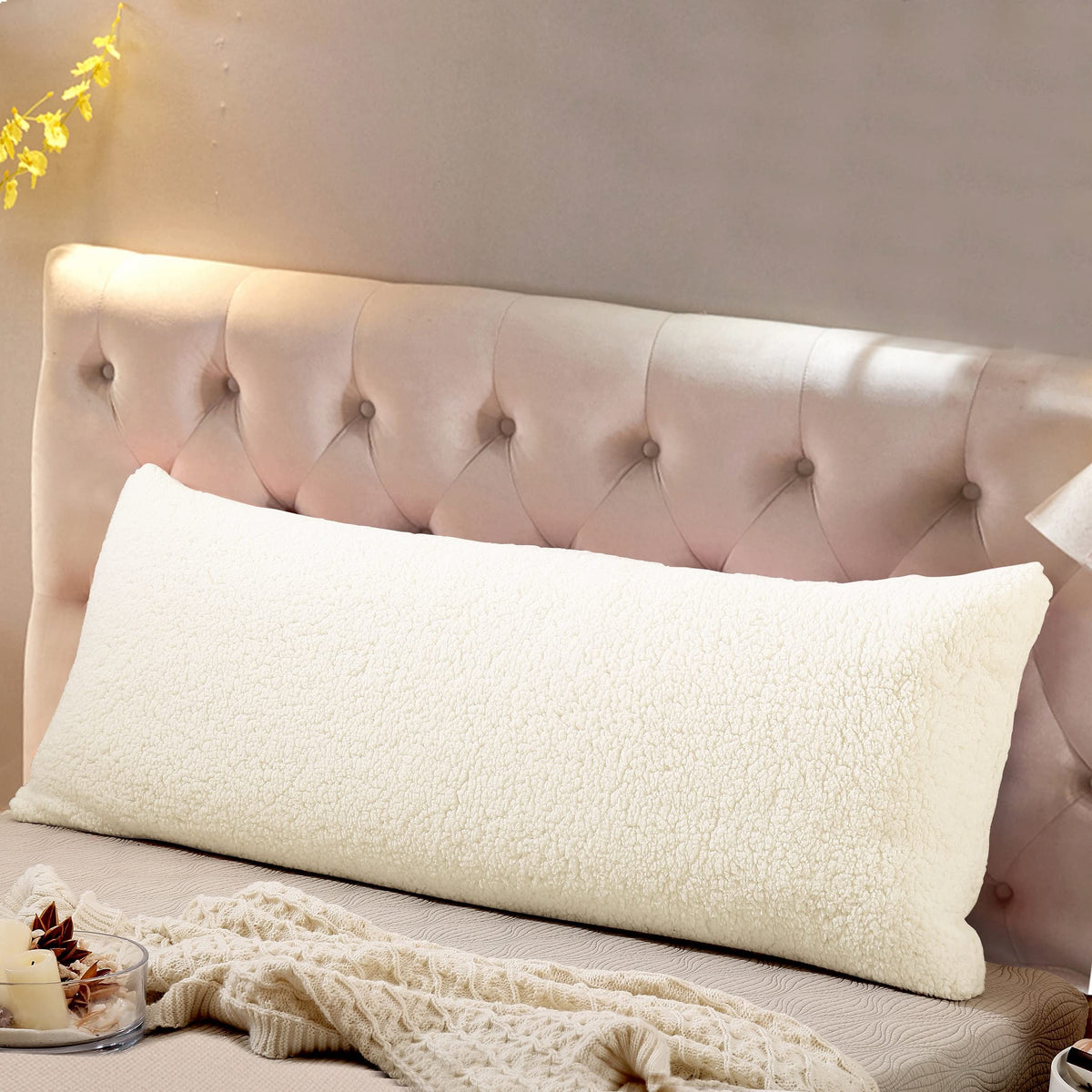 Reafort Ultra Soft Sherpa Body Pillow Cover/Case With Zipper Closure 21'X54' (21'X54' Body Pillow Cover, Cream)