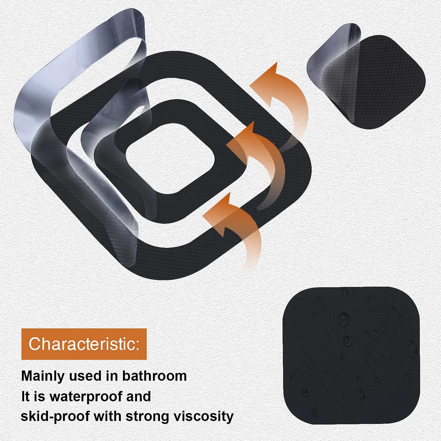 Secopad Non-Slip Bathtub Stickers, 72 PCS Adhesive Safety Treads for Bathroom & Shower, Large Black Decals