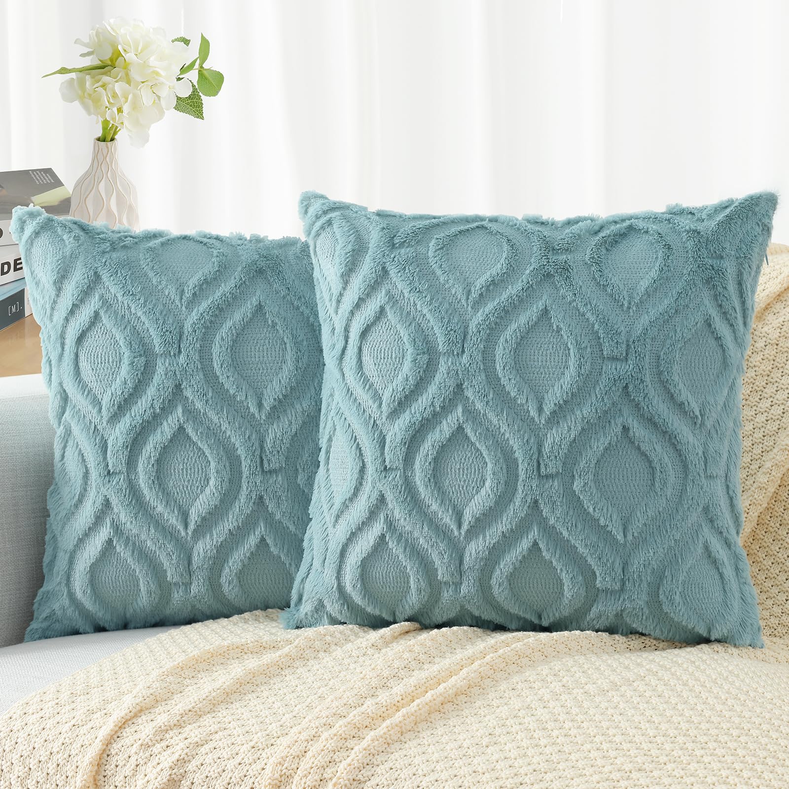 Decoruhome Decorative Throw Pillow Covers 26X26 Set Of 2, Soft Plush Faux Wool Couch Pillow Covers For Home, Aqua