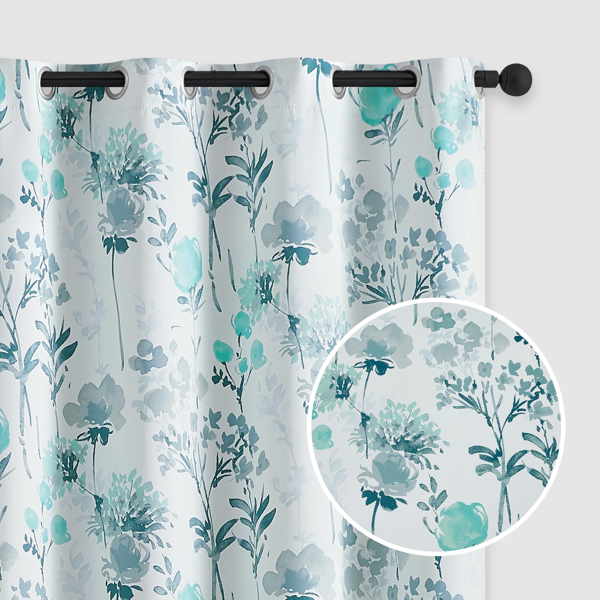 Ugoutry Floral Blackout Curtains 95 Inch Length, Grey/Green Bright Aqua Farmhouse Sound Proof Window Treatments, Light Blocking