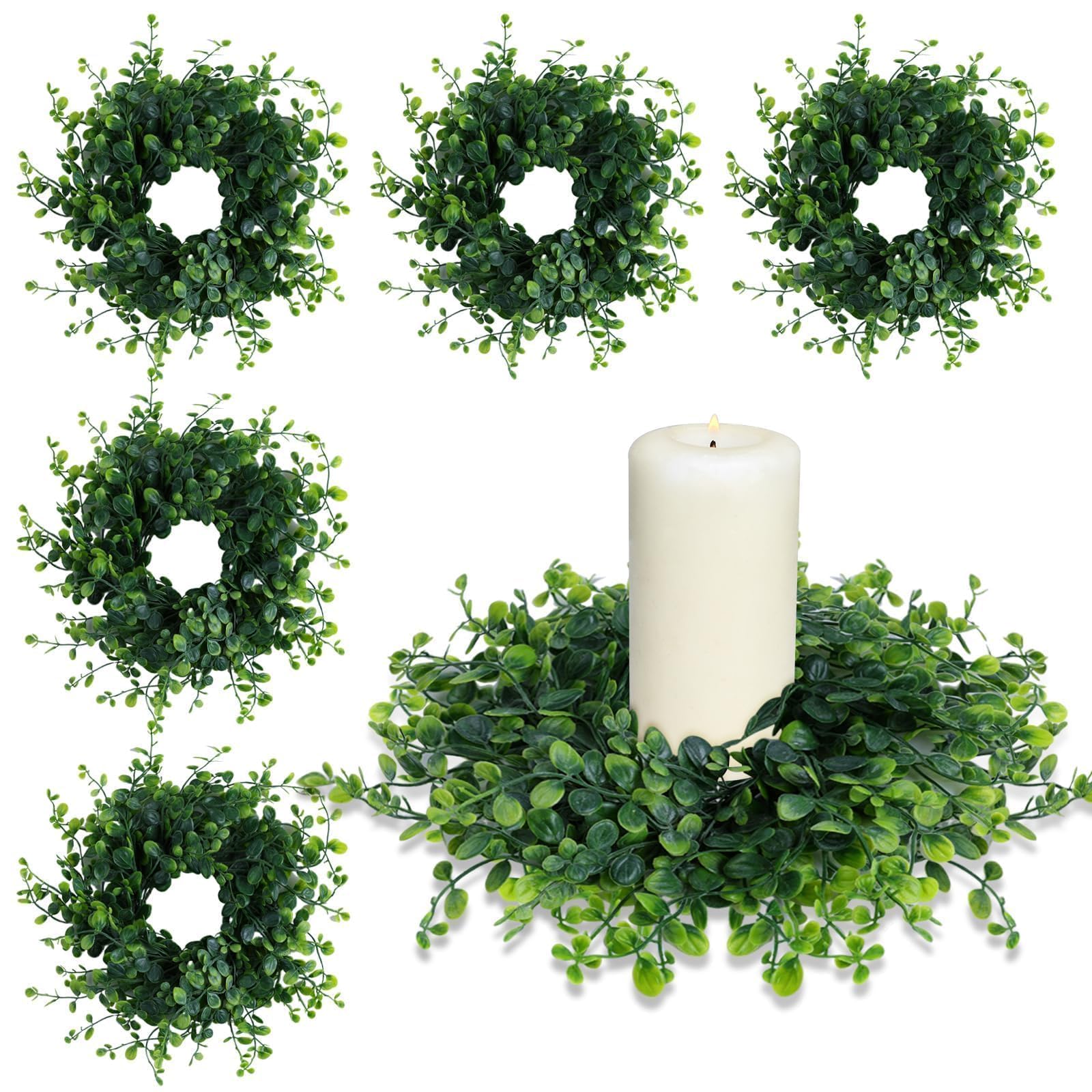 6 Pcs Candle Rings Wreaths 3 Inch Wedding Candle Rings Pillars Candle Wreaths Kitchen Cabinet Wreaths Mini Green Boxwood Candle 