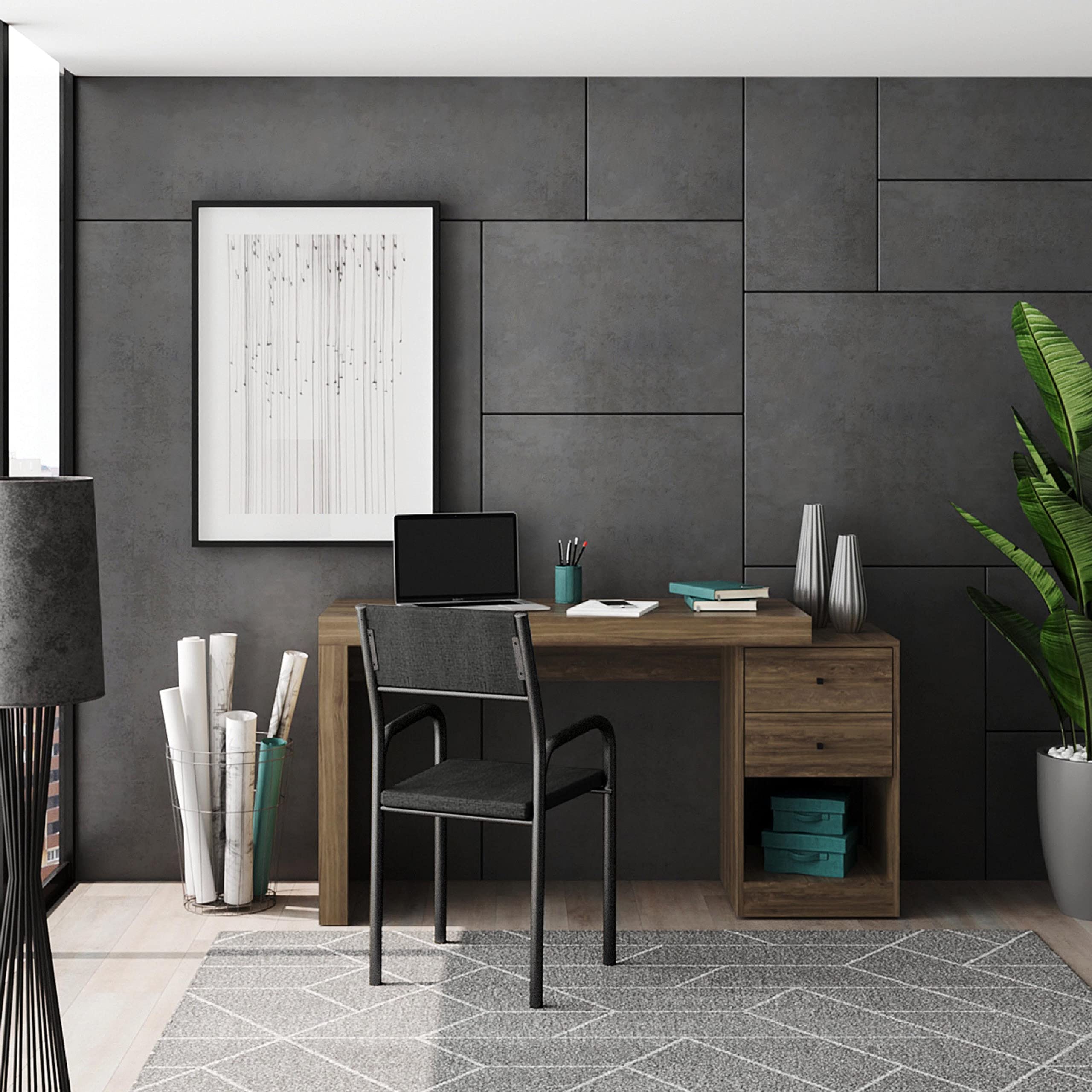 Techni Mobili Expandable Desk With Storage Drawers & Open Shelf - Expands From 47 Inch To 57 Inch - Walnut Computer Desk With Printer Space - Modern Home Office Table With Drawers Blanco Collection