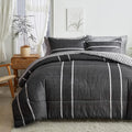 Flysheep 3 Pcs Striped Comforter Set Full Queen Size, White Striped On Dark Grey Soft Microfiber Reversible Bedding Set For All 