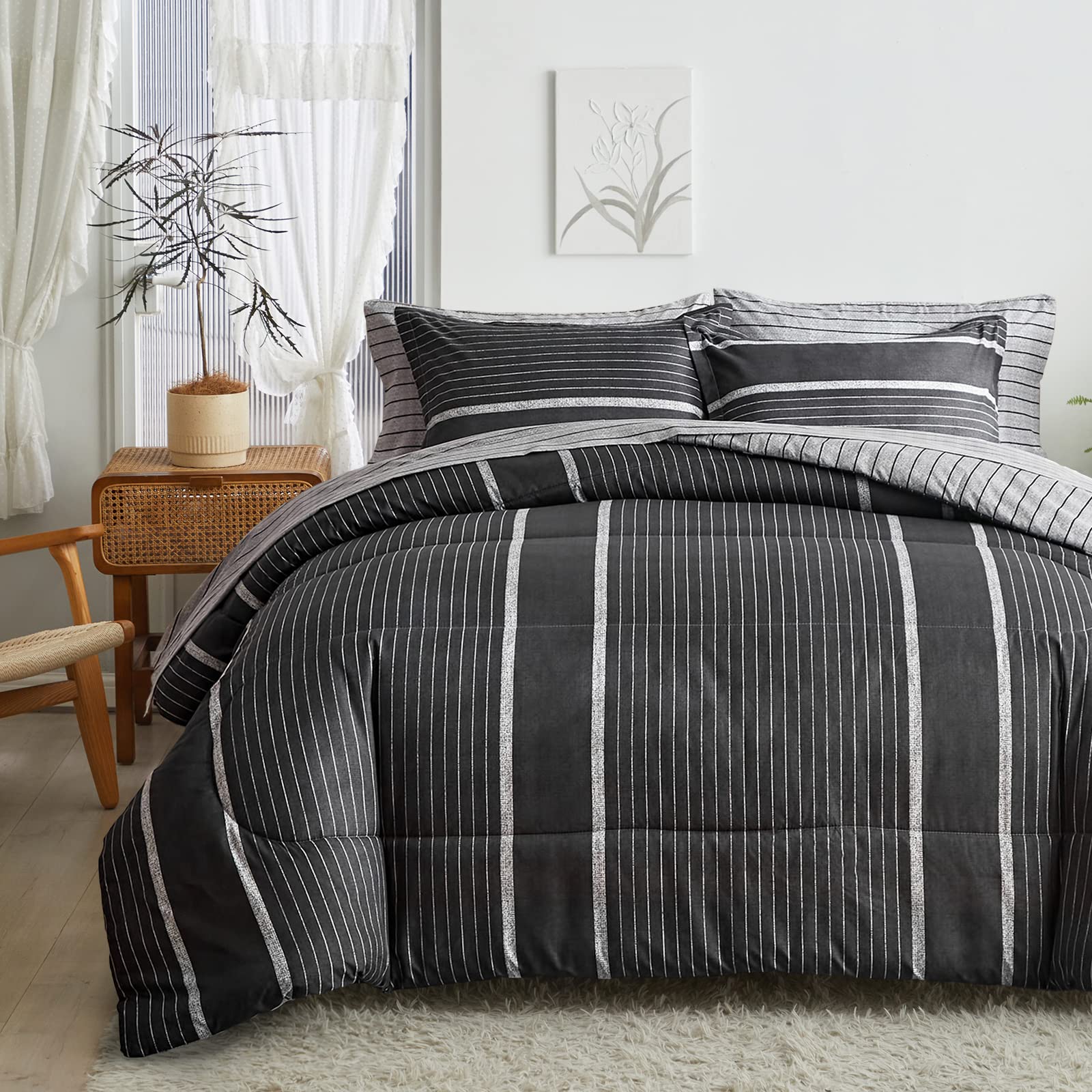Flysheep 3 Pcs Striped Comforter Set Full Queen Size, White Striped On Dark Grey Soft Microfiber Reversible Bedding Set For All 