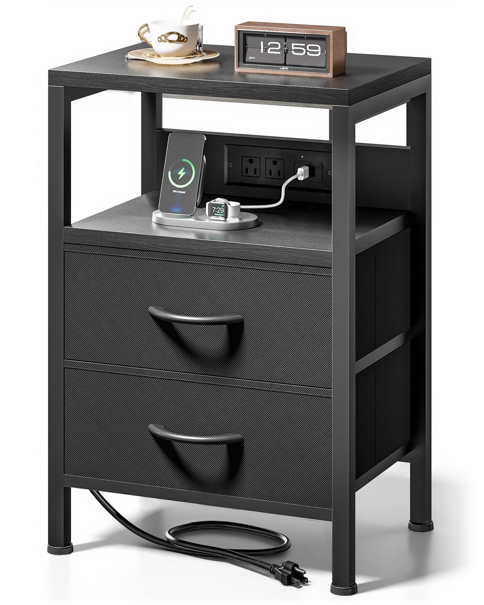 Lazzanto NightStand Bedside Charging Table Bedroom - Night Stand with Charger Station, Modern Nightstand with Open Shelf & 2 Fab