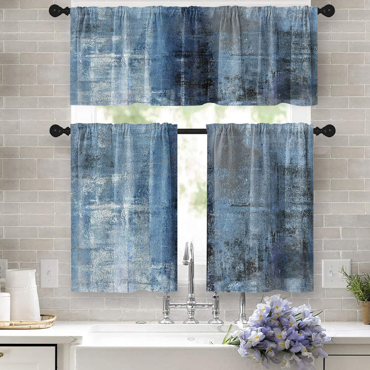 Tayney Blue Kitchen Curtains Grey Window Curtains Valance And Tier Set, Modern Rod Pocket Short Tier Curtain, Abstract Art Small