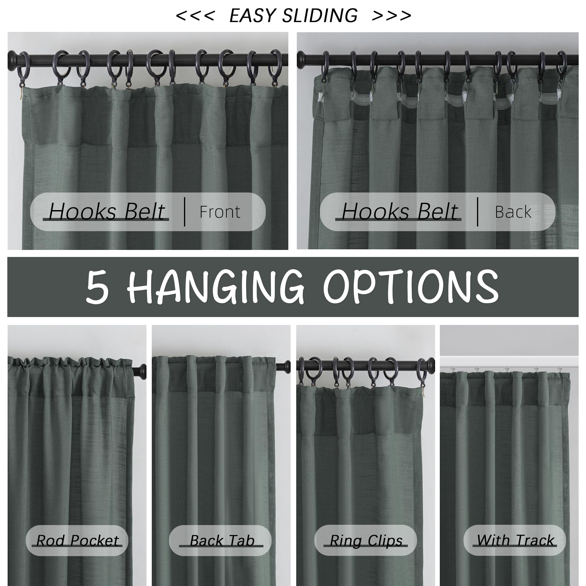 Natural Linen Textured Curtains For Kids' Bedroom 63 Inch Length - Charcoal Grey 2 Panels Back Tab Hooks Belt Pleated Rod Pocket Light Filtering Semi Sheer Curtain Drapes For Bathroom Window,52' X 63'