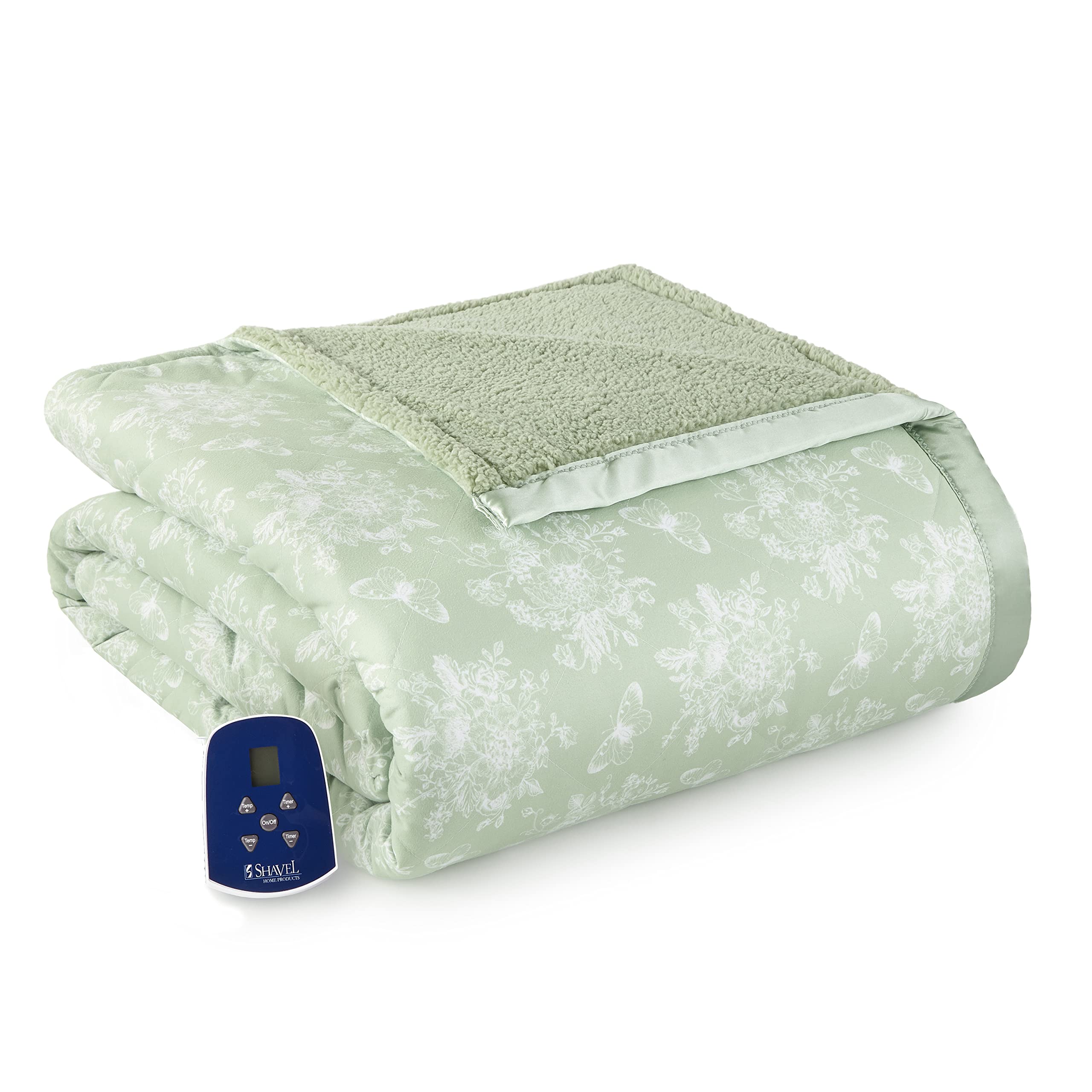 Thermee Micro Flannel Twin-Size Heated Electric Blanket With Sherpa, Machine Wash & Dry, Timer & Safety Shutoff, 84Lx62W, Toile