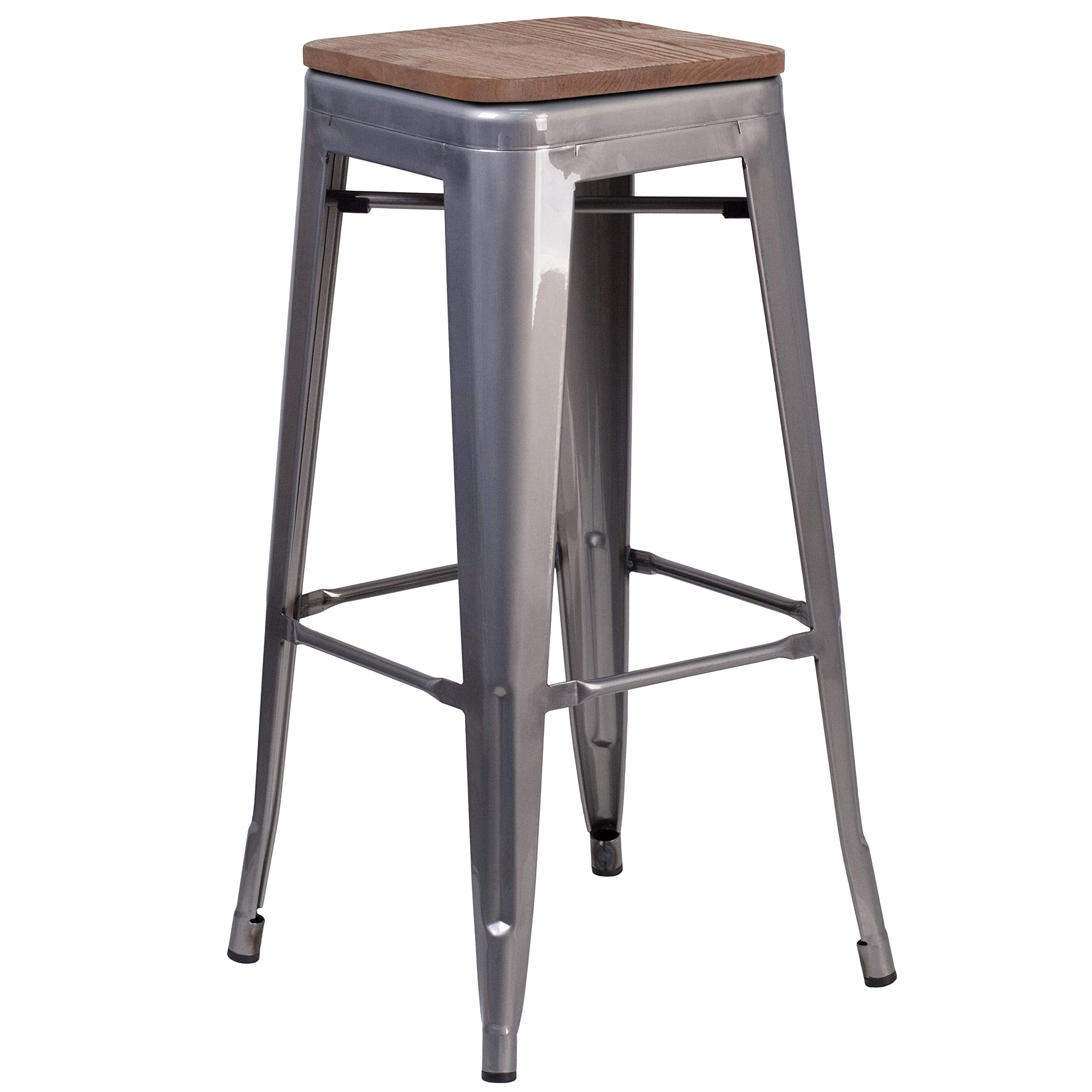 Flash Furniture Lincoln 30" High Backless Clear Coated Metal Barstool with Square Wood Seat
