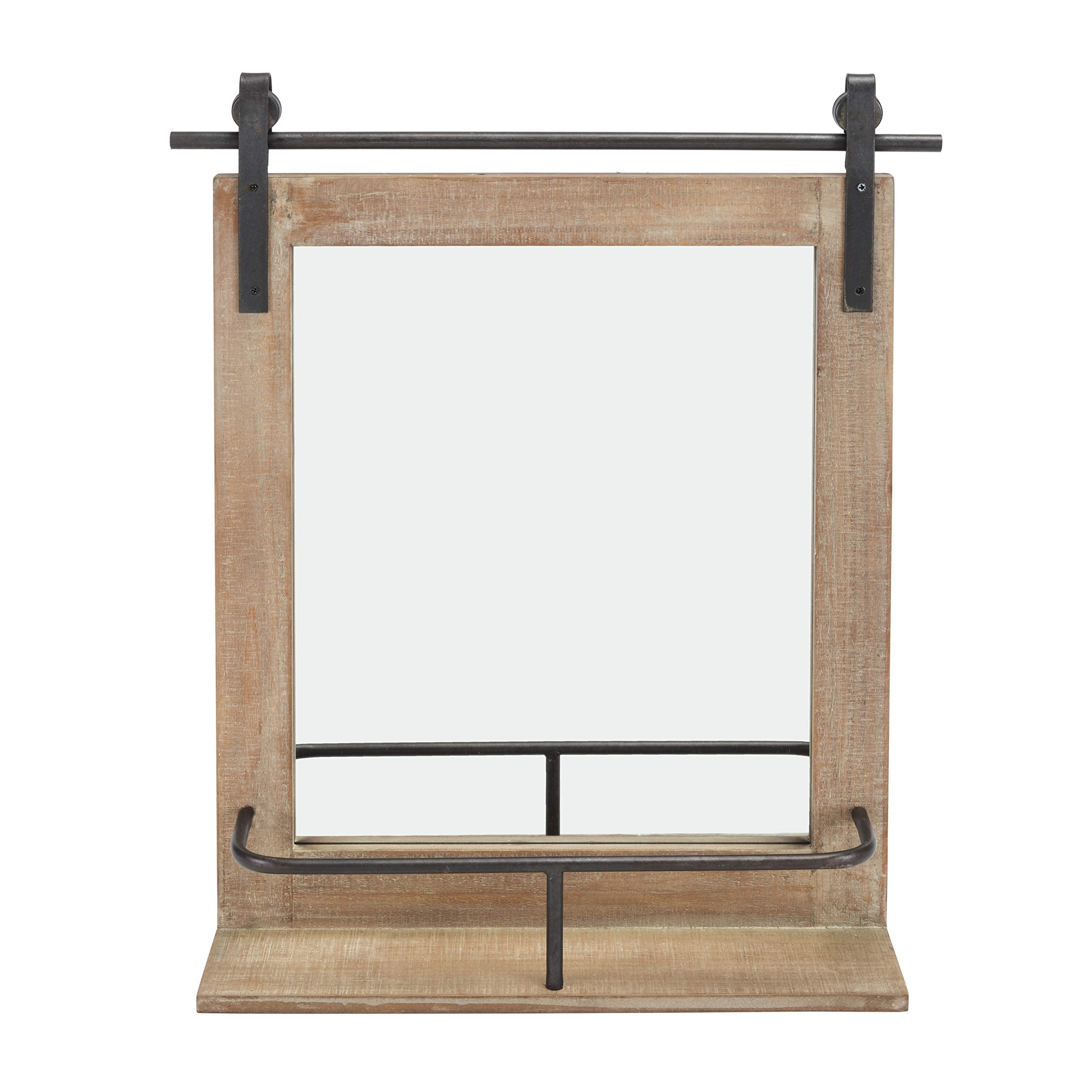 Danya B. Rustic Industrial Wood-Framed Wall Mount Barn Door Vanity Mirror with Shelf and Iron Hardware - Decorative Rectangle Ru