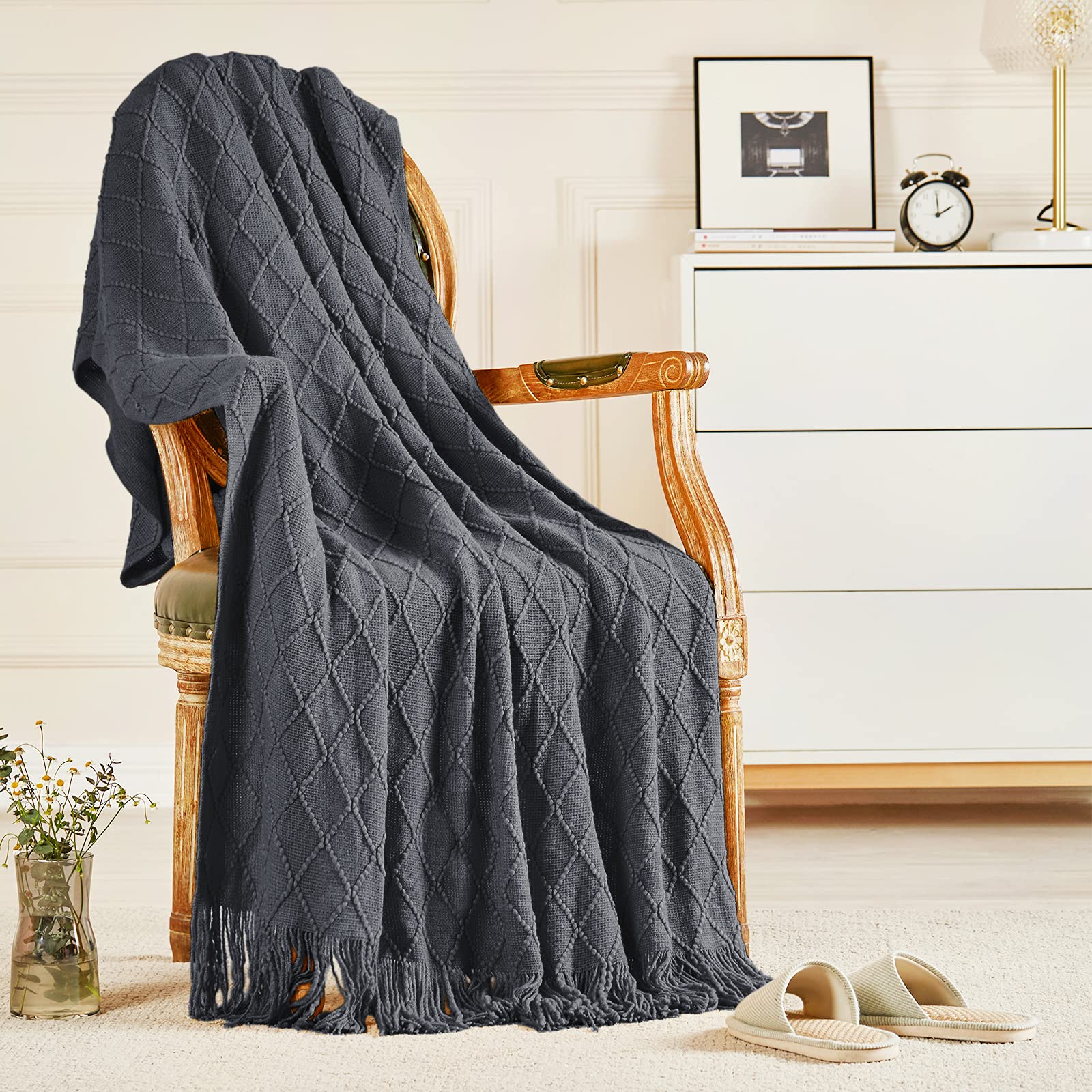Inhand Knitted Throw Blankets For Couch And Bed, Soft Cozy Knit Blanket With Tassel, Dark Grey Lightweight Decorative Blankets A