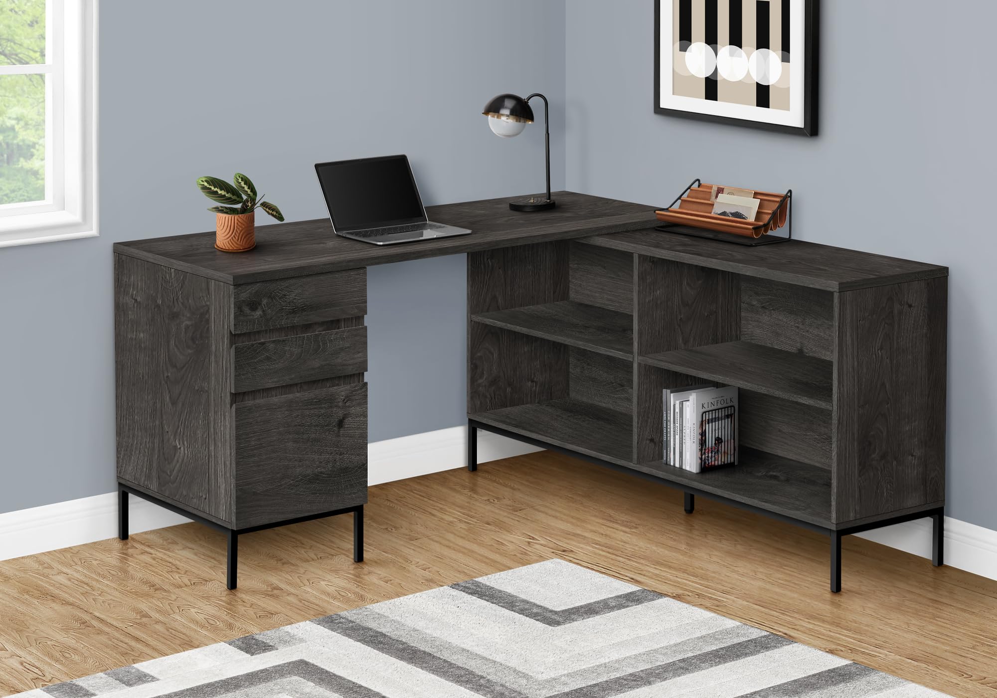 Monarch Specialties 7492 Computer Desk, Home Office, Corner, Storage Drawers, 60' Shape, Work, Laptop, Metal, Laminate, Black, Contemporary, Modern Desk-60 L Dark Grey, 60' L x 60' W x 31' H
