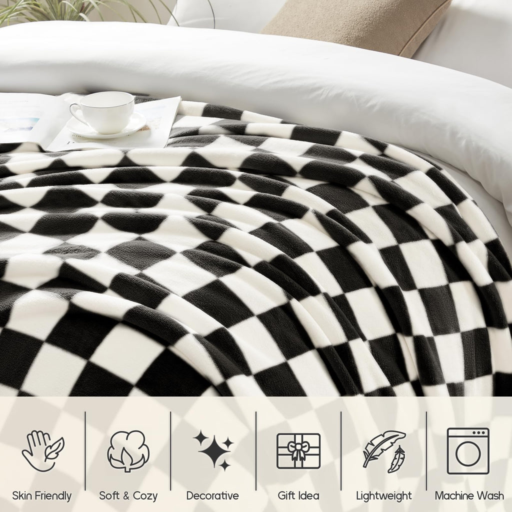 Homelike Moment Checkered Blanket Twin Size, Black Checkerboard Grid Soft Fluffy Fleece Twin Blanket, Fuzzy Cozy Plush Blanket F