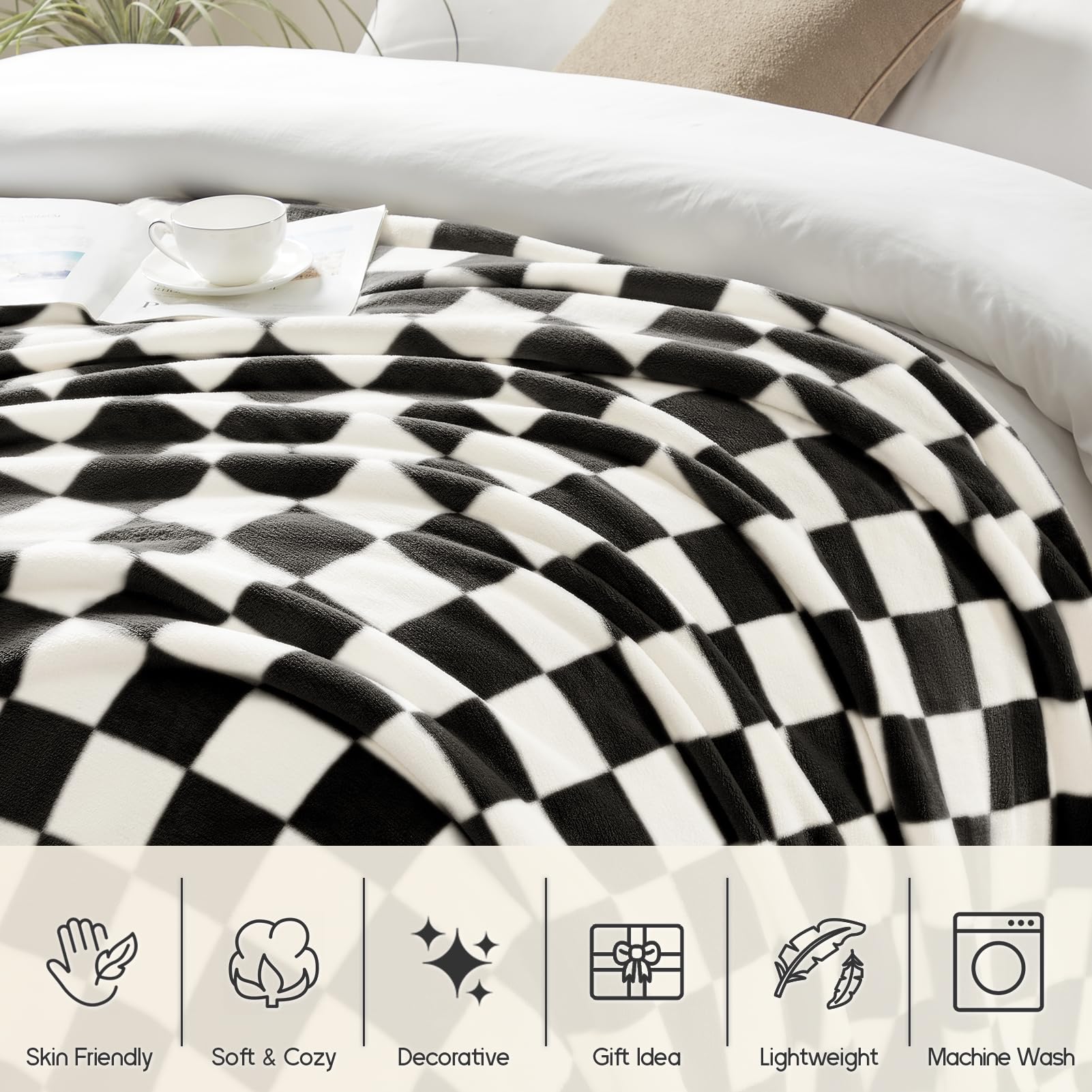 Homelike Moment Checkered Blanket Twin Size, Black Checkerboard Grid Soft Fluffy Fleece Twin Blanket, Fuzzy Cozy Plush Blanket F