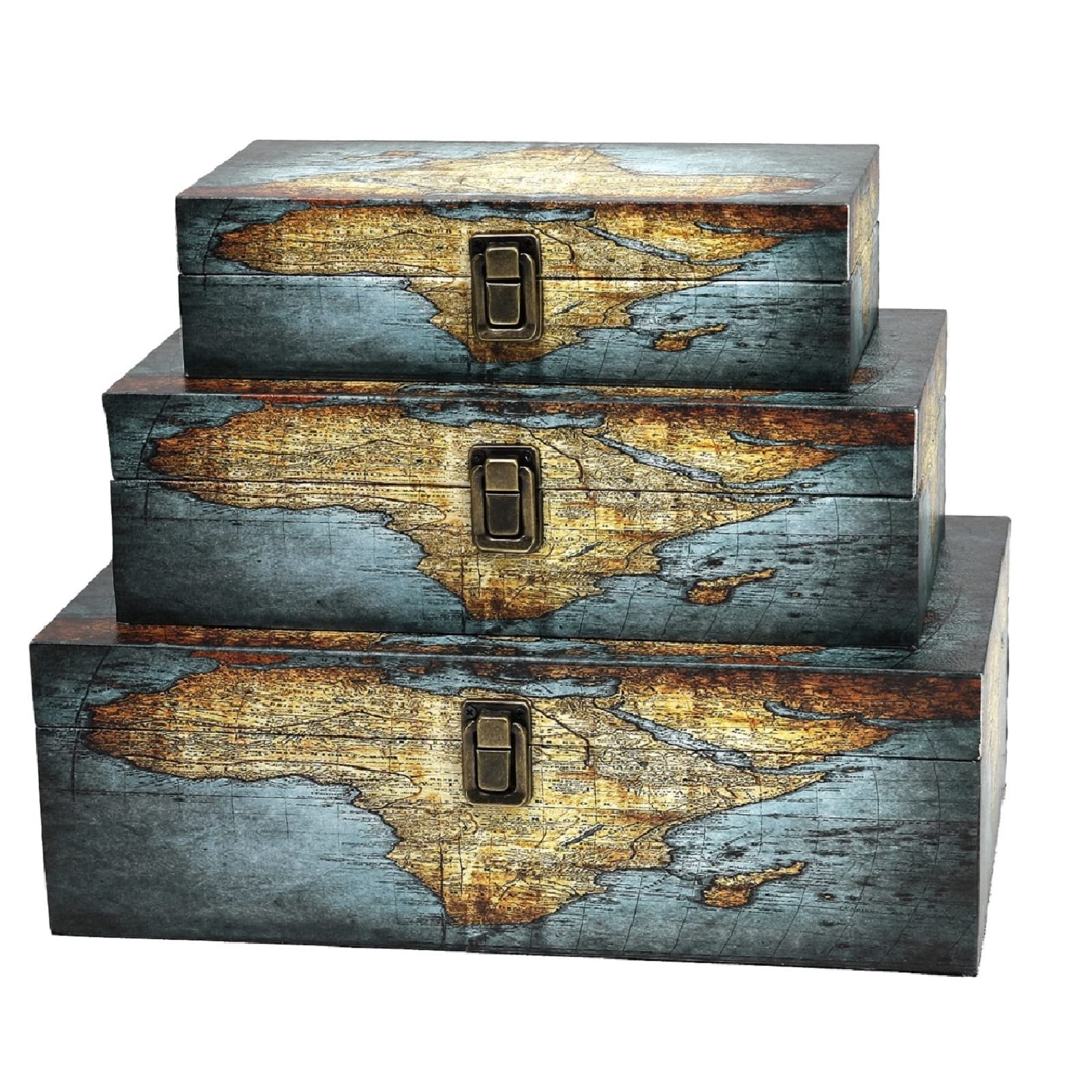 Jolitac Wood Storage Box Set of 3, Vintage Decorative Nesting Boxes Wooden Treasure Storage Crates With Latch, Home Decor Rustic